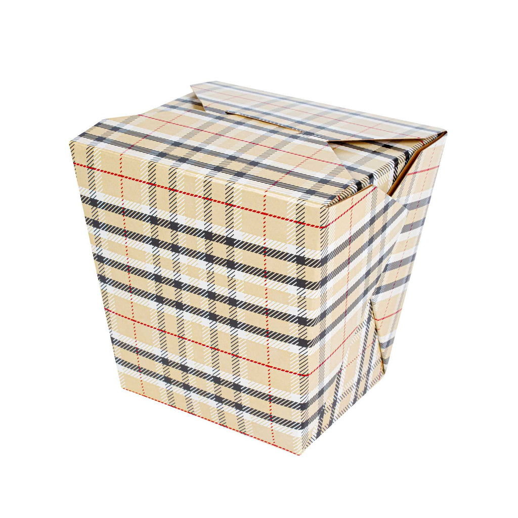 Bio Tek 26 oz Square Plaid Paper Noodle Take Out Container - 4" x 3 1/2" x 4" - 200 count box