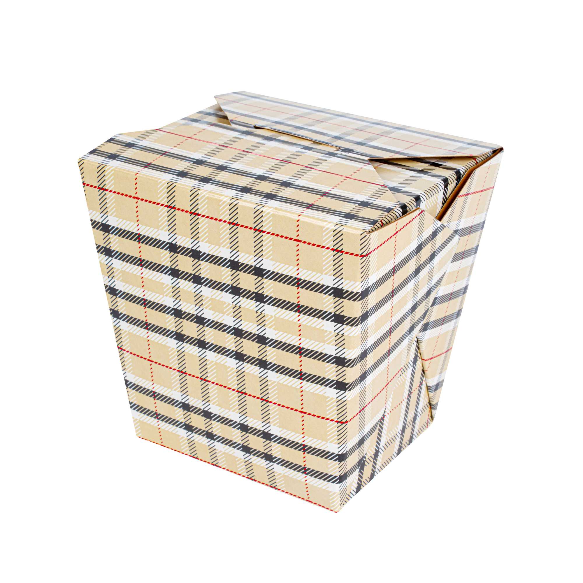 Bio Tek 26 oz Square Plaid Paper Noodle Take Out Container - 4" x 3 1/2" x 4" - 200 count box