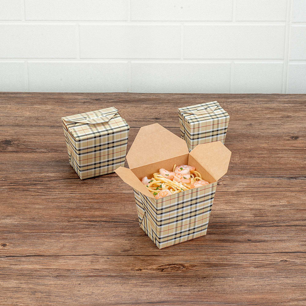 Bio Tek 26 oz Square Plaid Paper Noodle Take Out Container - 4" x 3 1/2" x 4" - 200 count box