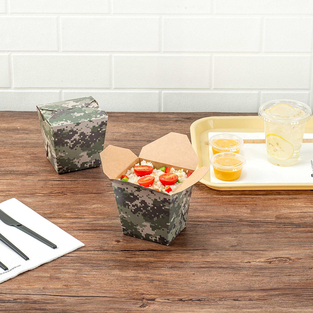 Bio Tek 26 oz Square Camouflage Paper Noodle Take Out Container - 4" x 3 1/2" x 4" - 200 count box