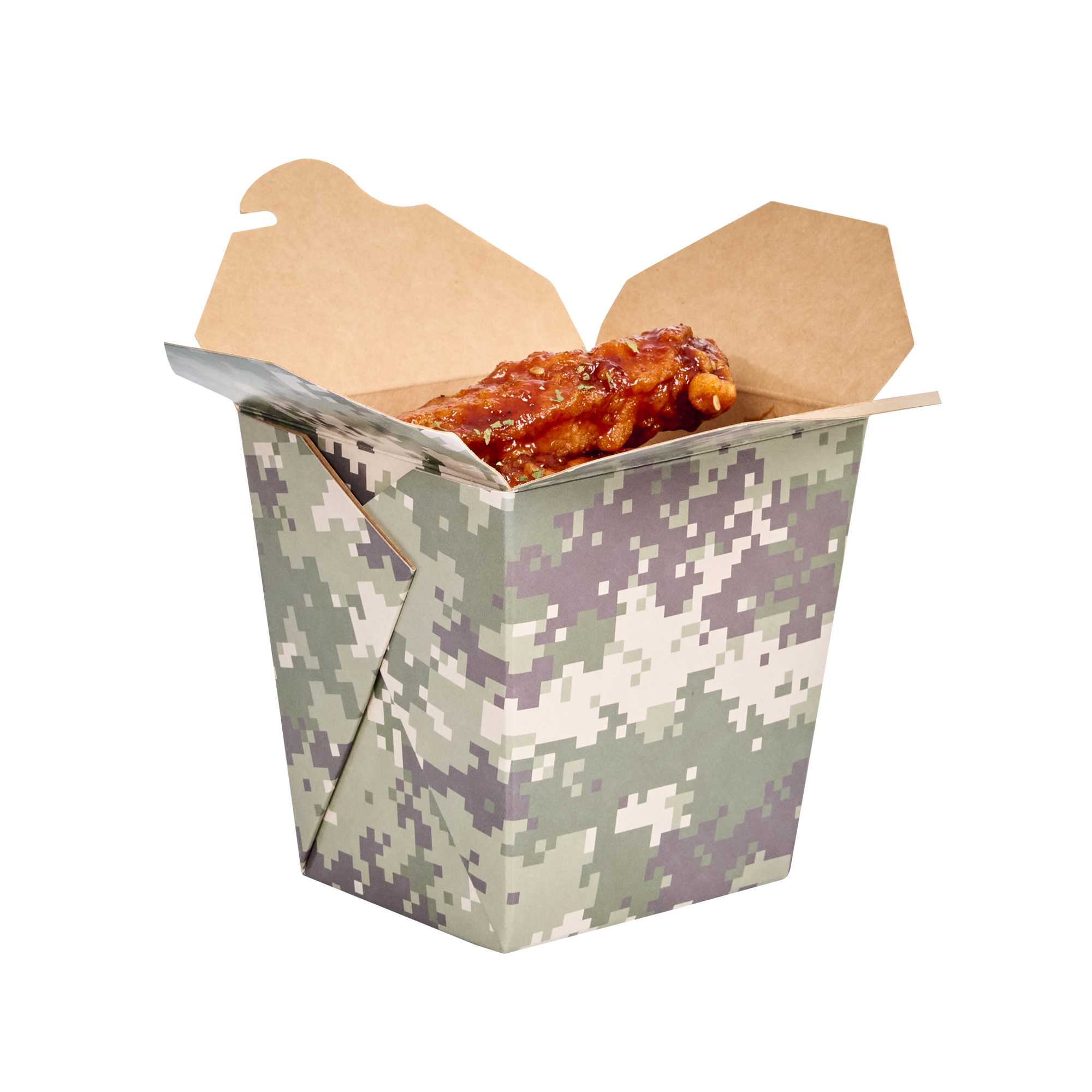 Bio Tek 26 oz Square Camouflage Paper Noodle Take Out Container - 4" x 3 1/2" x 4" - 50 count box