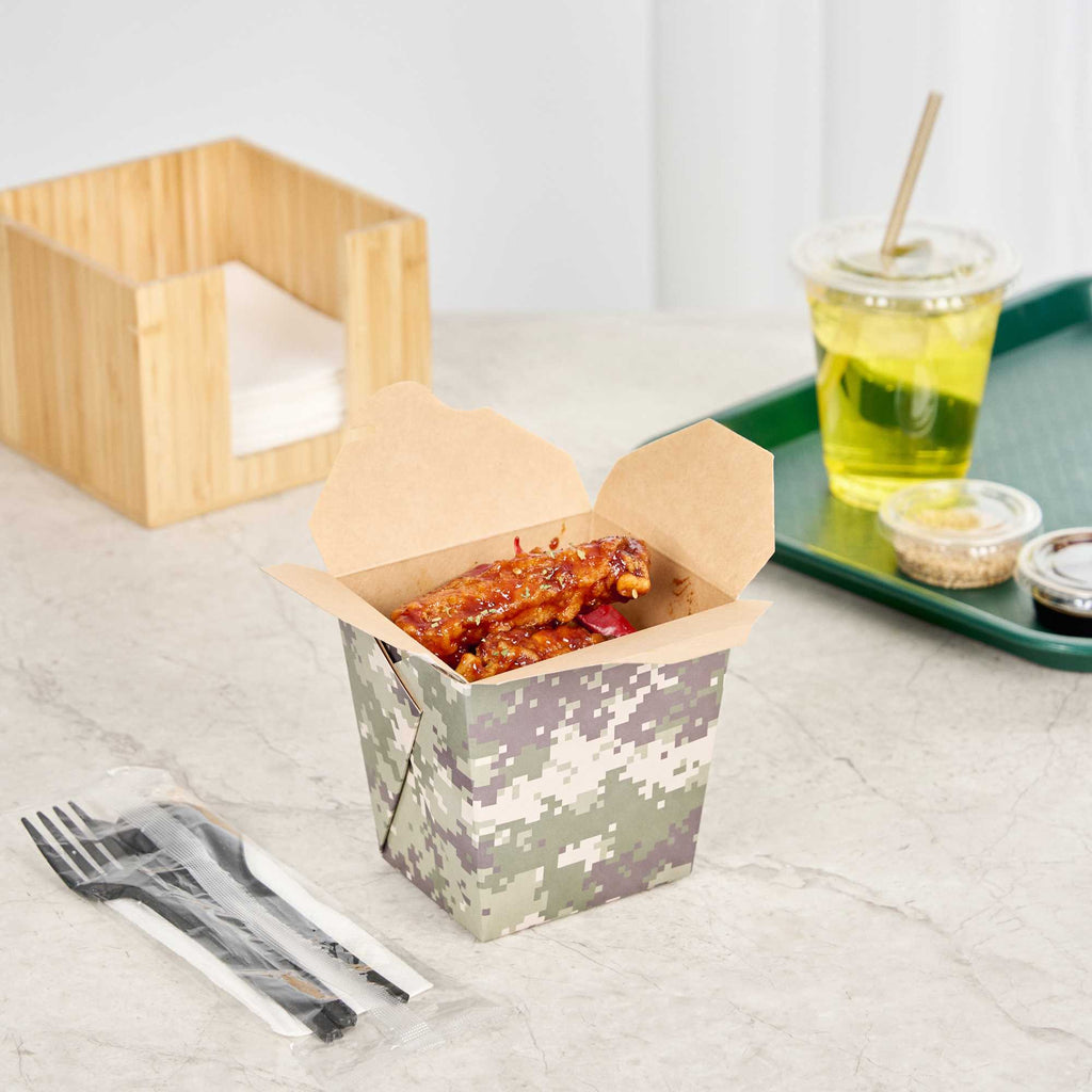 Bio Tek 26 oz Square Camouflage Paper Noodle Take Out Container - 4" x 3 1/2" x 4" - 50 count box
