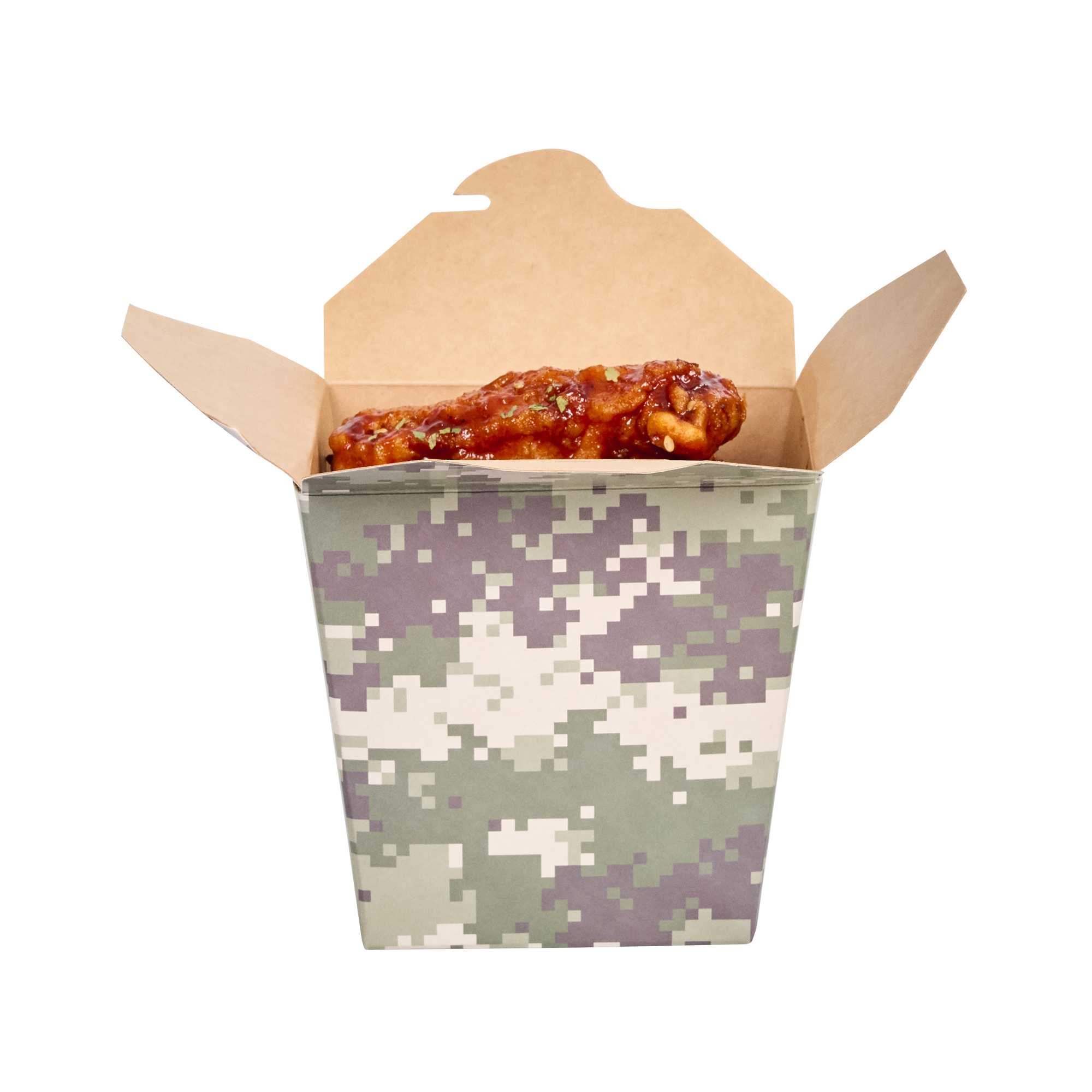 Bio Tek 26 oz Square Camouflage Paper Noodle Take Out Container - 4" x 3 1/2" x 4" - 50 count box