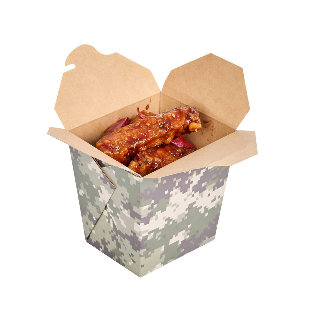 Bio Tek 26 oz Square Camouflage Paper Noodle Take Out Container - 4" x 3 1/2" x 4" - 50 count box