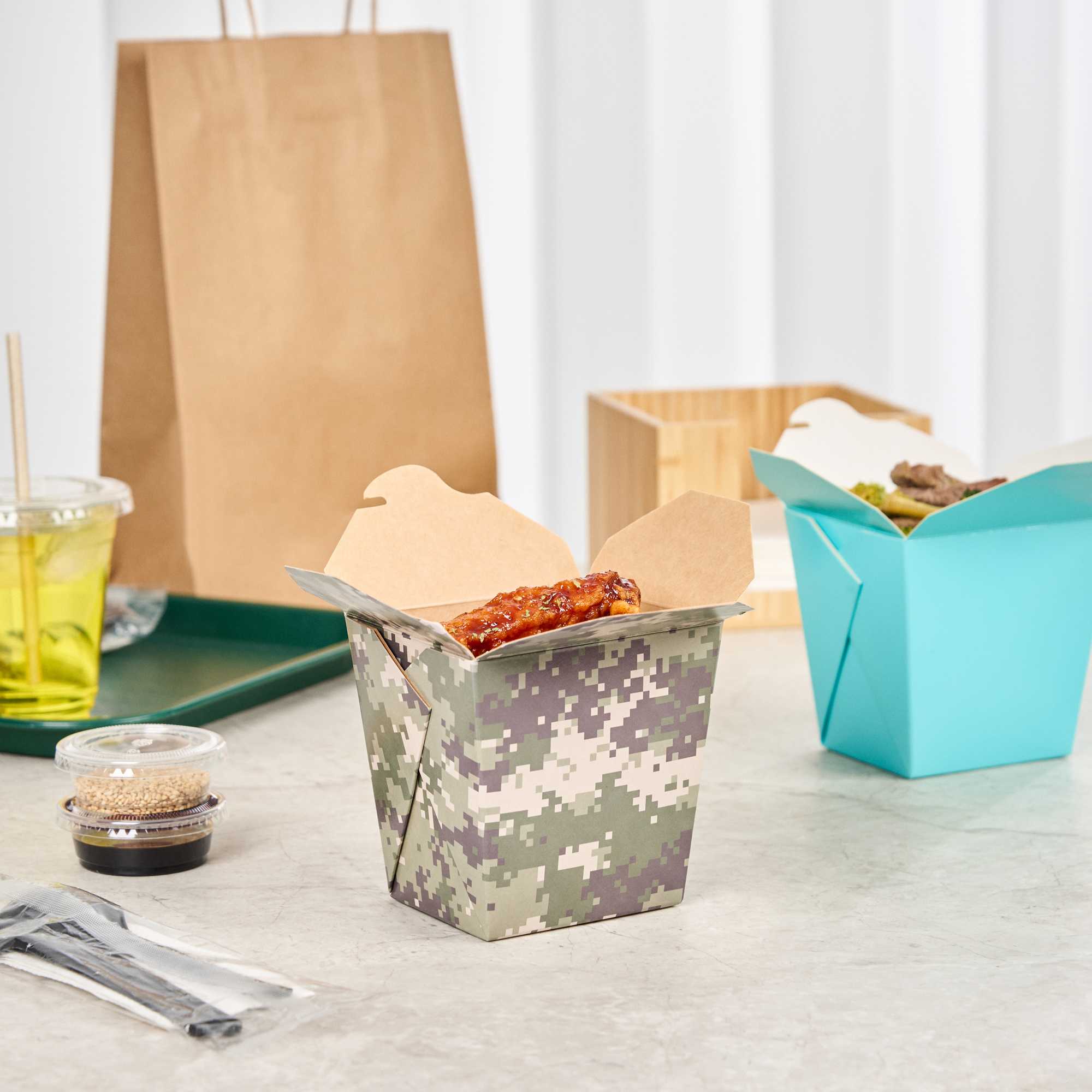 Bio Tek 26 oz Square Camouflage Paper Noodle Take Out Container - 4" x 3 1/2" x 4" - 50 count box