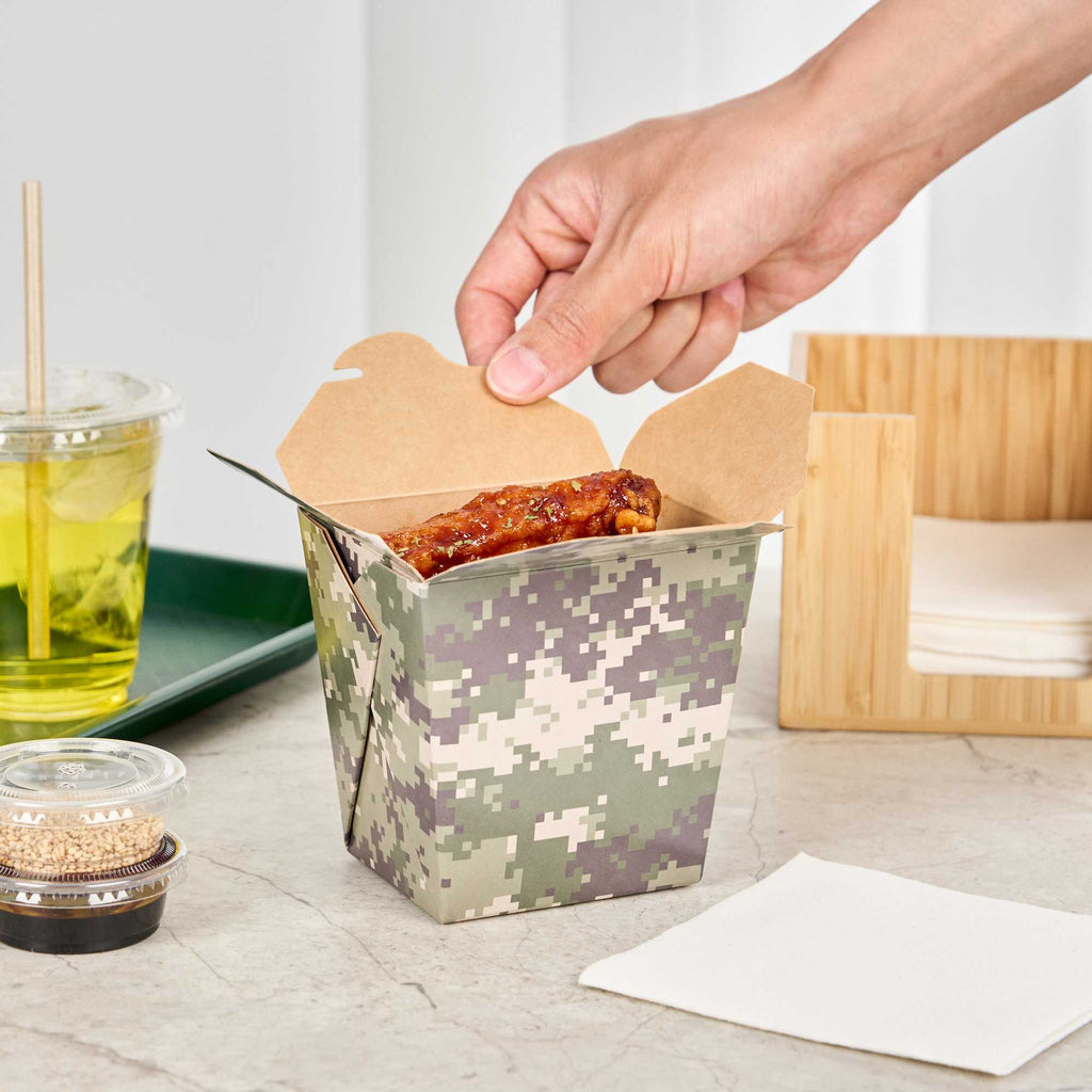 Bio Tek 26 oz Square Camouflage Paper Noodle Take Out Container - 4" x 3 1/2" x 4" - 50 count box
