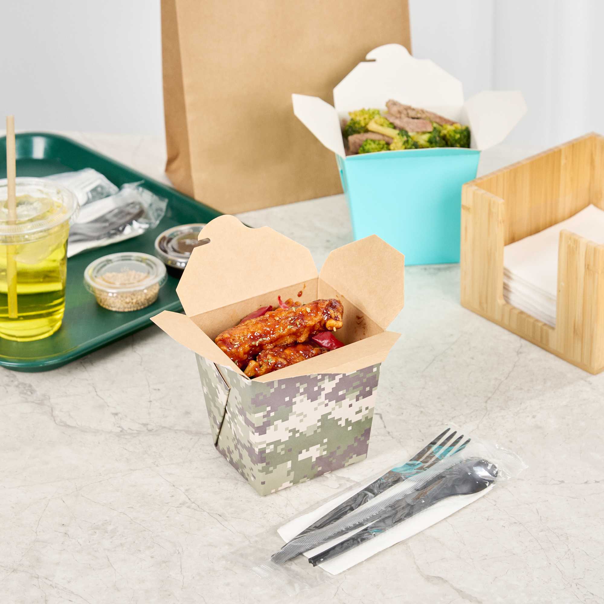 Bio Tek 26 oz Square Camouflage Paper Noodle Take Out Container - 4" x 3 1/2" x 4" - 50 count box