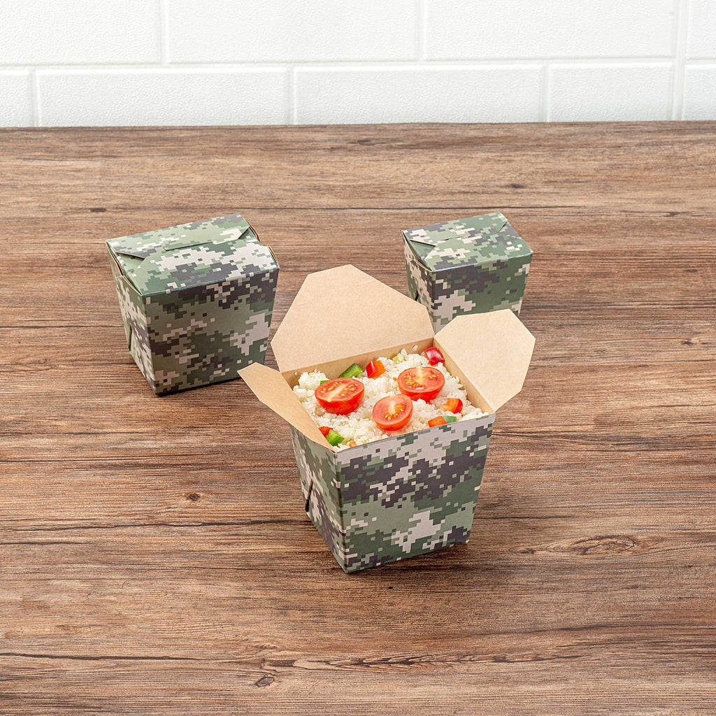 Bio Tek 26 oz Square Camouflage Paper Noodle Take Out Container - 4" x 3 1/2" x 4" - 50 count box