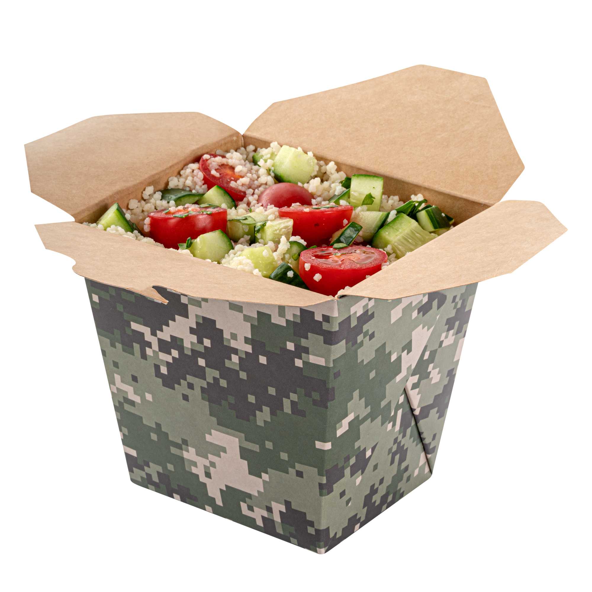 Bio Tek 26 oz Square Camouflage Paper Noodle Take Out Container - 4" x 3 1/2" x 4" - 200 count box