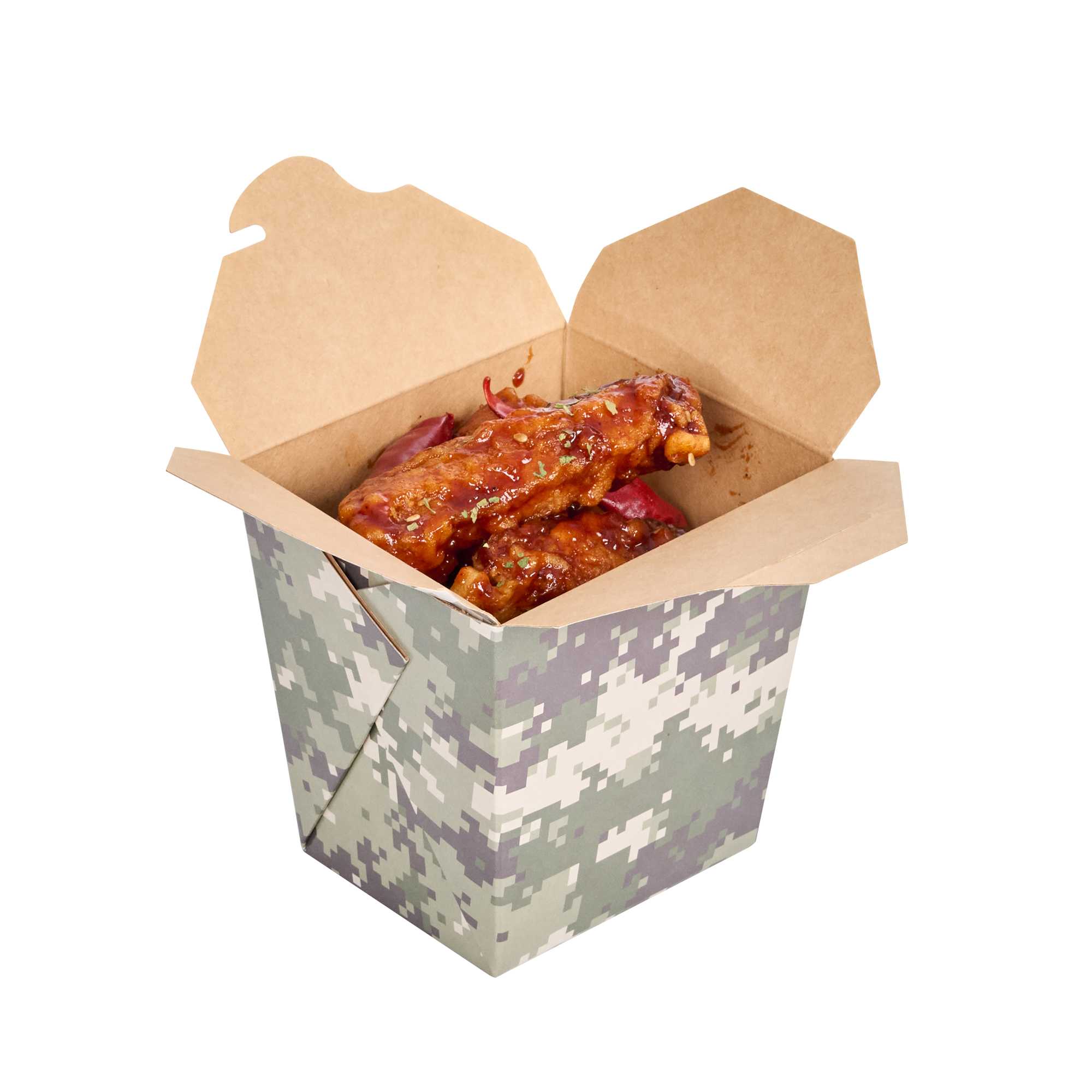 Bio Tek 26 oz Square Camouflage Paper Noodle Take Out Container - 4" x 3 1/2" x 4" - 200 count box
