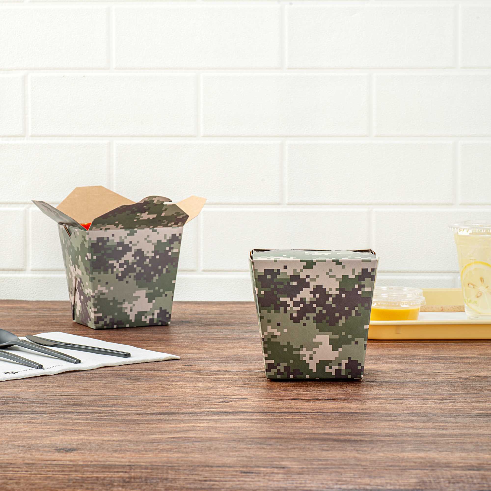 Bio Tek 26 oz Square Camouflage Paper Noodle Take Out Container - 4" x 3 1/2" x 4" - 200 count box
