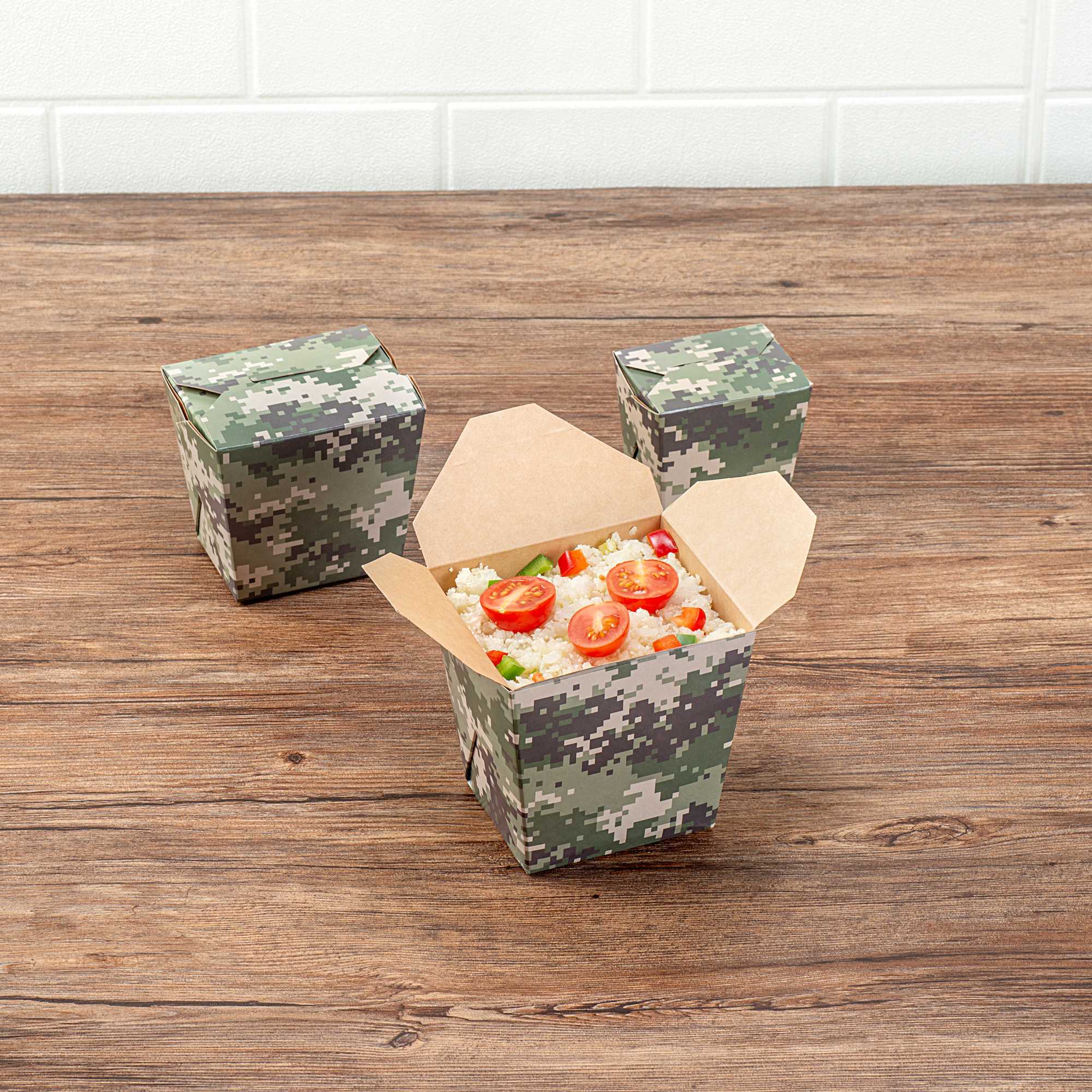 Bio Tek 26 oz Square Camouflage Paper Noodle Take Out Container - 4" x 3 1/2" x 4" - 200 count box