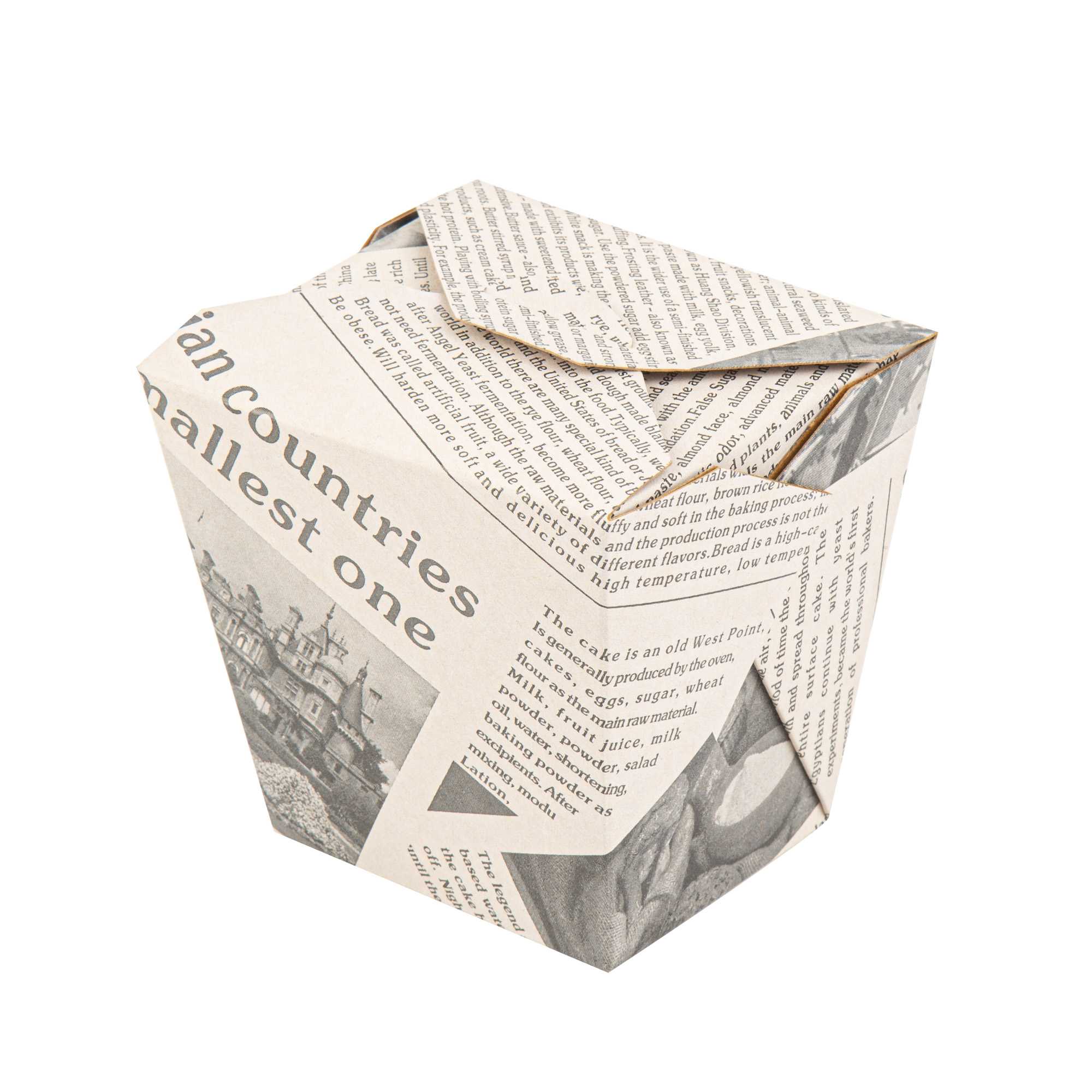 Bio Tek 26 oz Square Newsprint Paper Noodle Take Out Container - 4" x 3 1/2" x 4" - 200 count box