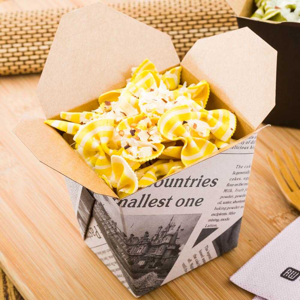 Bio Tek 26 oz Square Newsprint Paper Noodle Take Out Container - 4" x 3 1/2" x 4" - 25 count box
