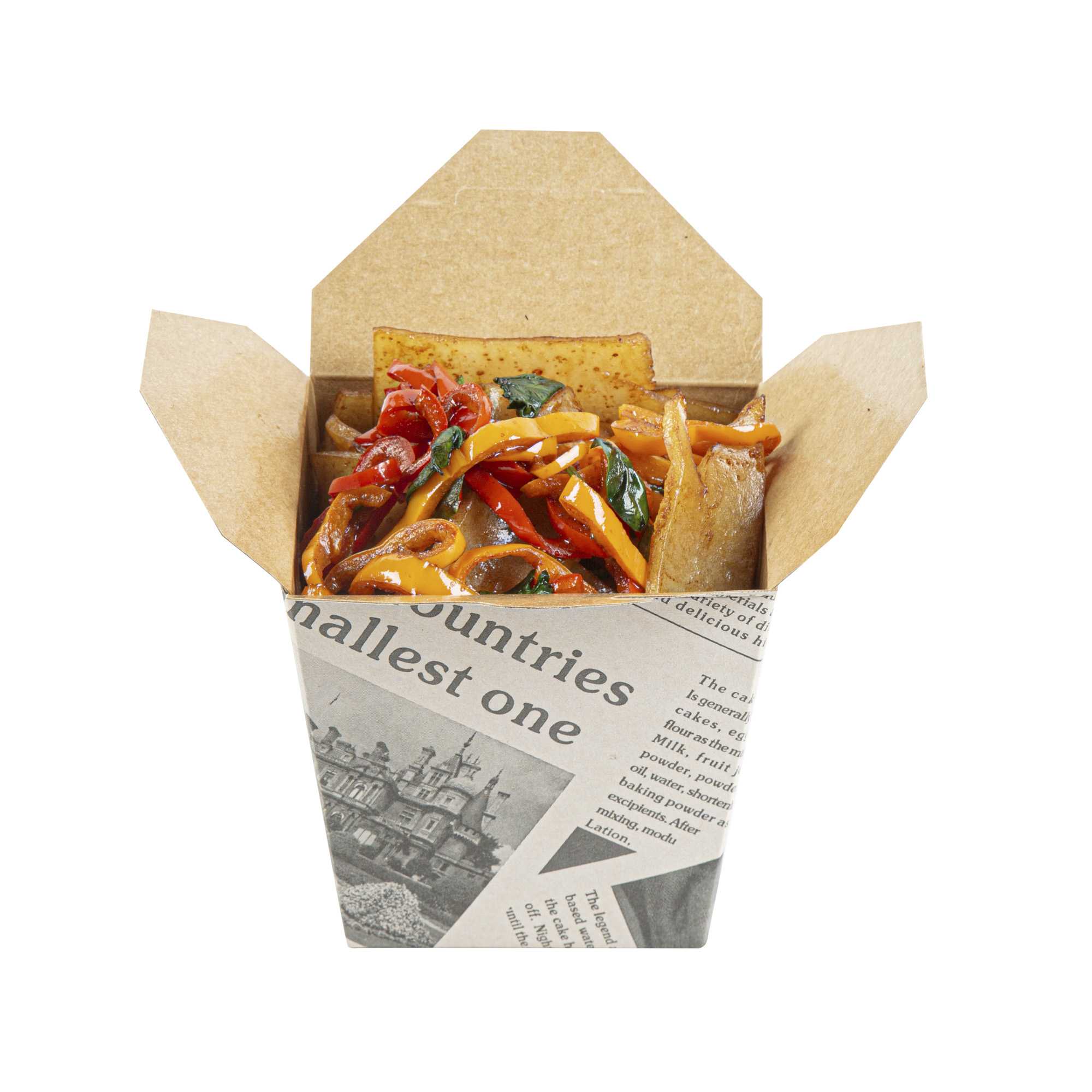 Bio Tek 26 oz Square Newsprint Paper Noodle Take Out Container - 4" x 3 1/2" x 4" - 200 count box