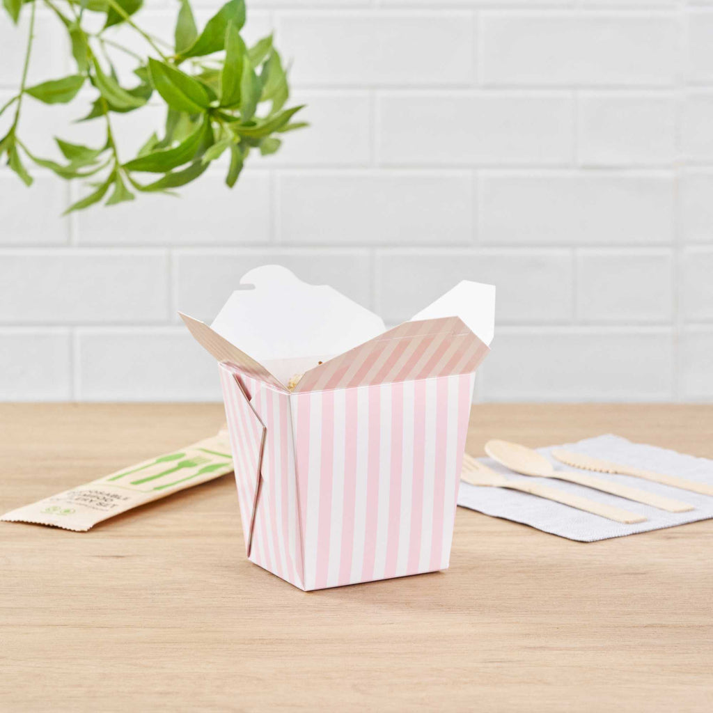 Bio Tek 26 oz Square Pink and White Stripe Paper Noodle Take Out Container - 4" x 3 1/2" x 4" - 200 count box