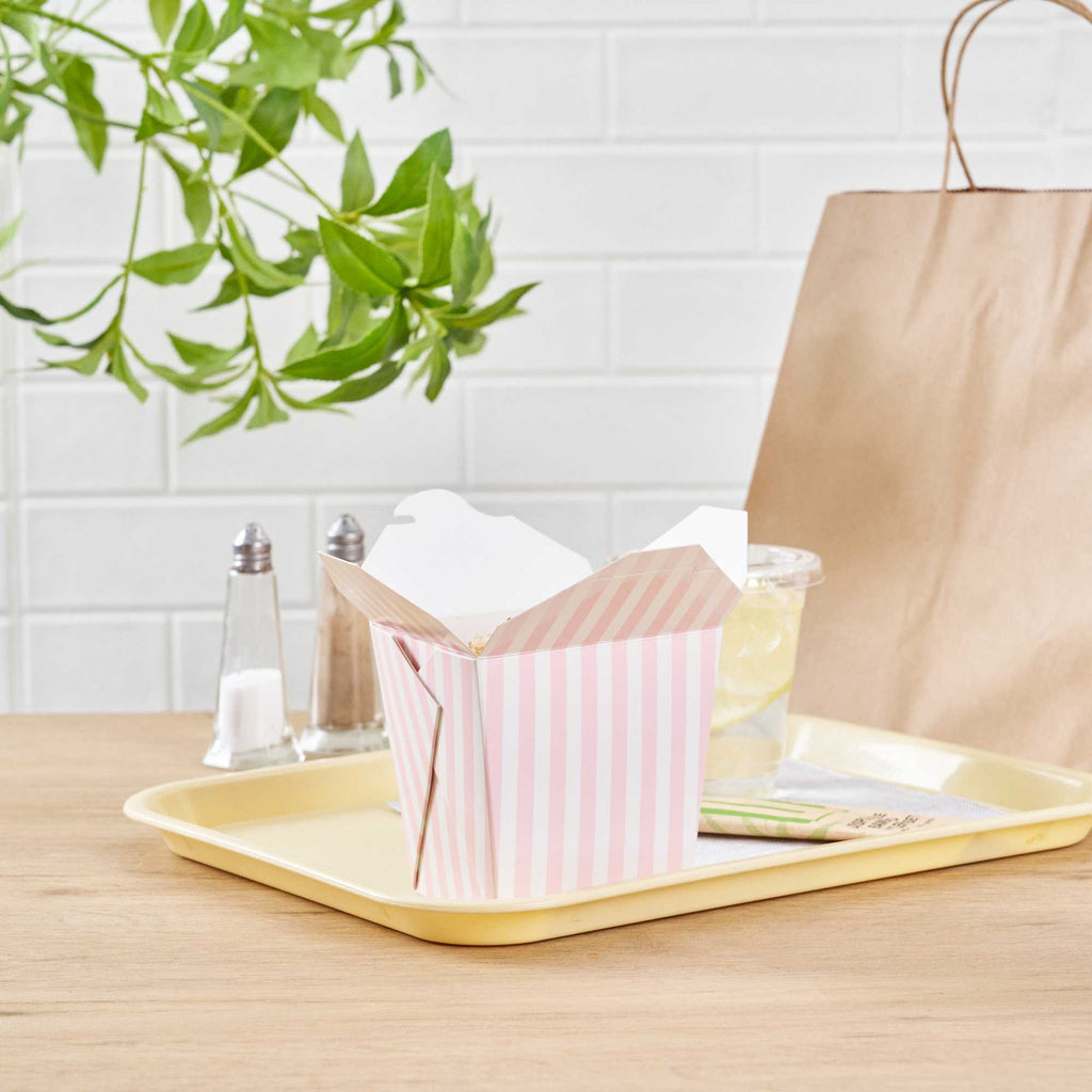 Bio Tek 26 oz Square Pink and White Stripe Paper Noodle Take Out Container - 4" x 3 1/2" x 4" - 50 count box