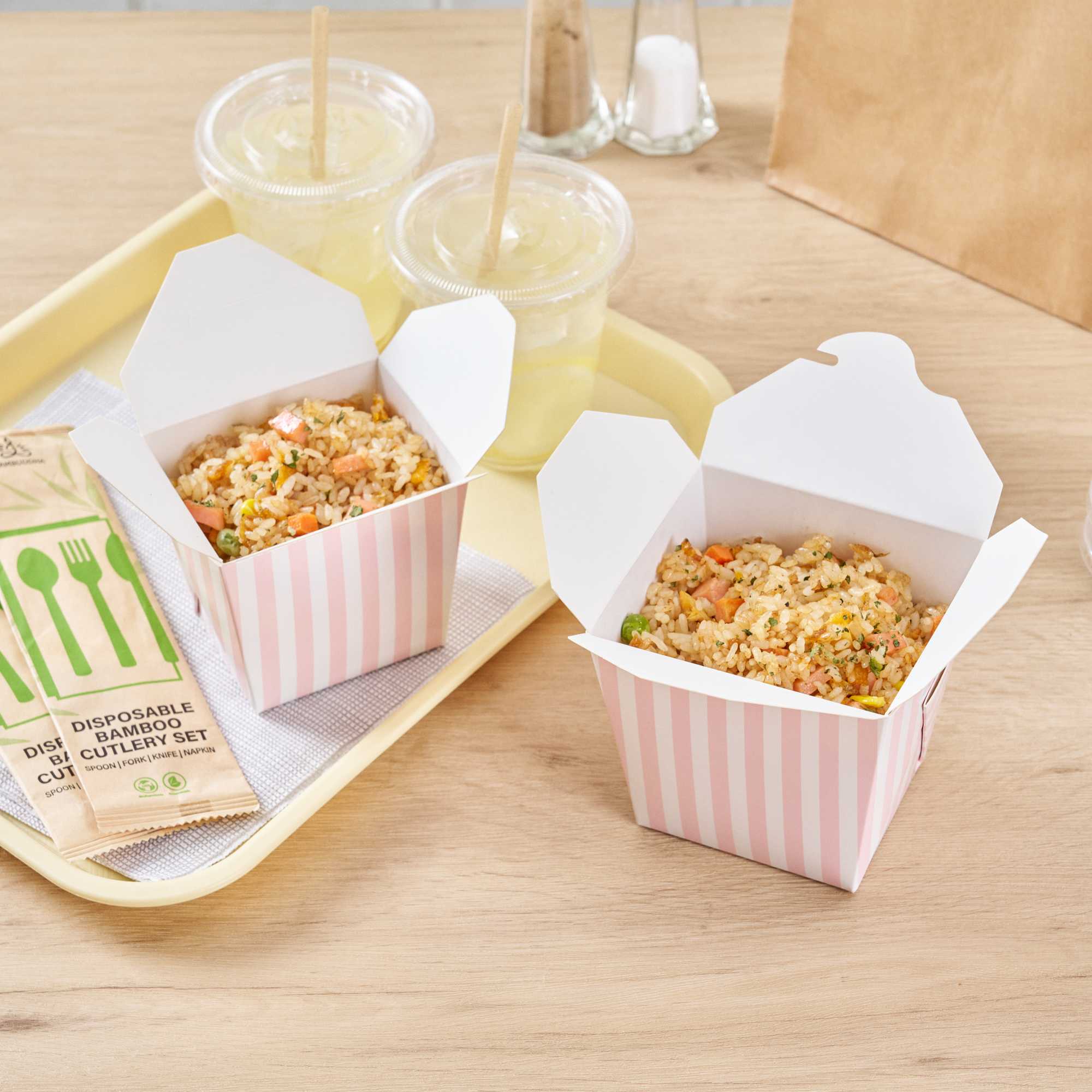 Bio Tek 26 oz Square Pink and White Stripe Paper Noodle Take Out Container - 4" x 3 1/2" x 4" - 50 count box