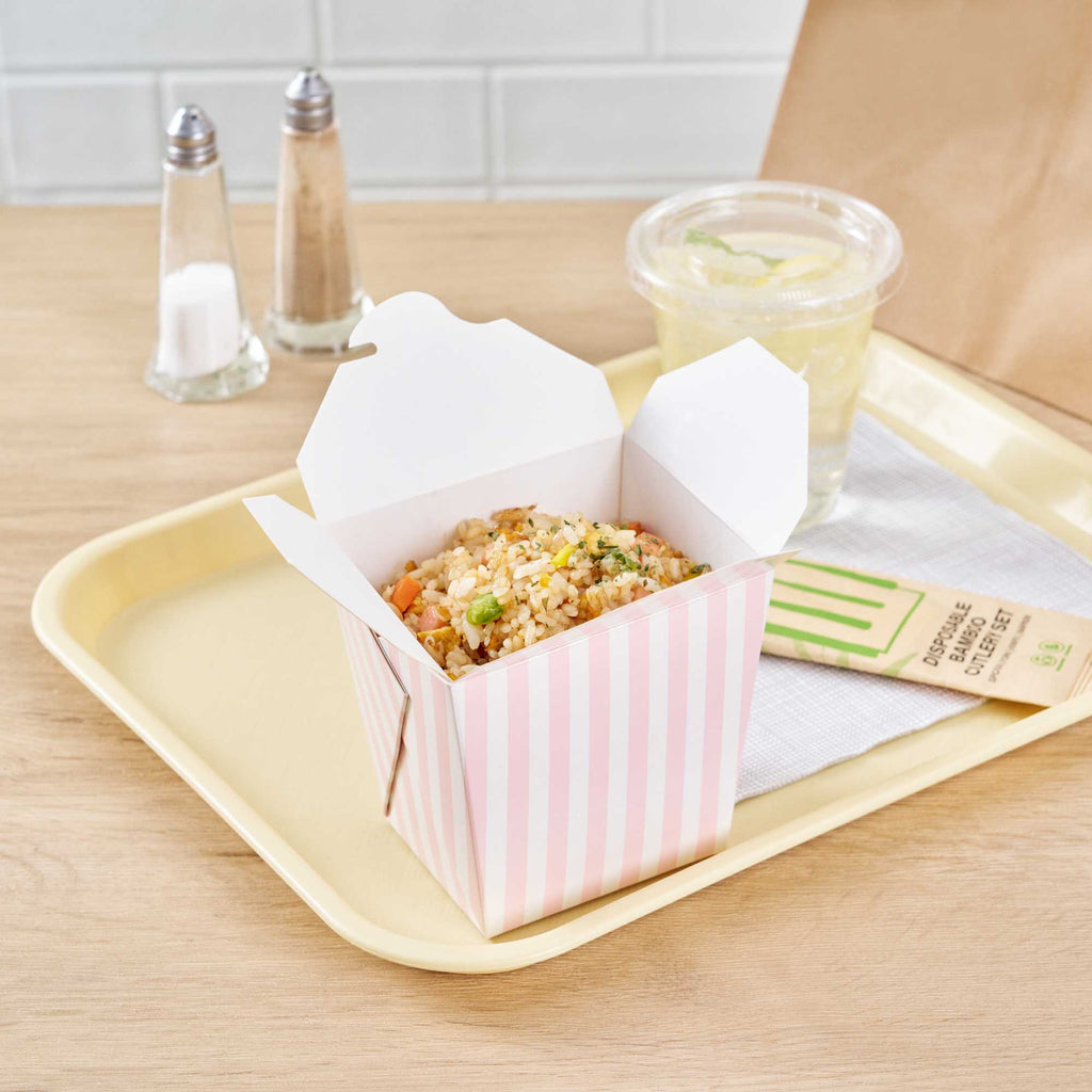 Bio Tek 26 oz Square Pink and White Stripe Paper Noodle Take Out Container - 4" x 3 1/2" x 4" - 200 count box