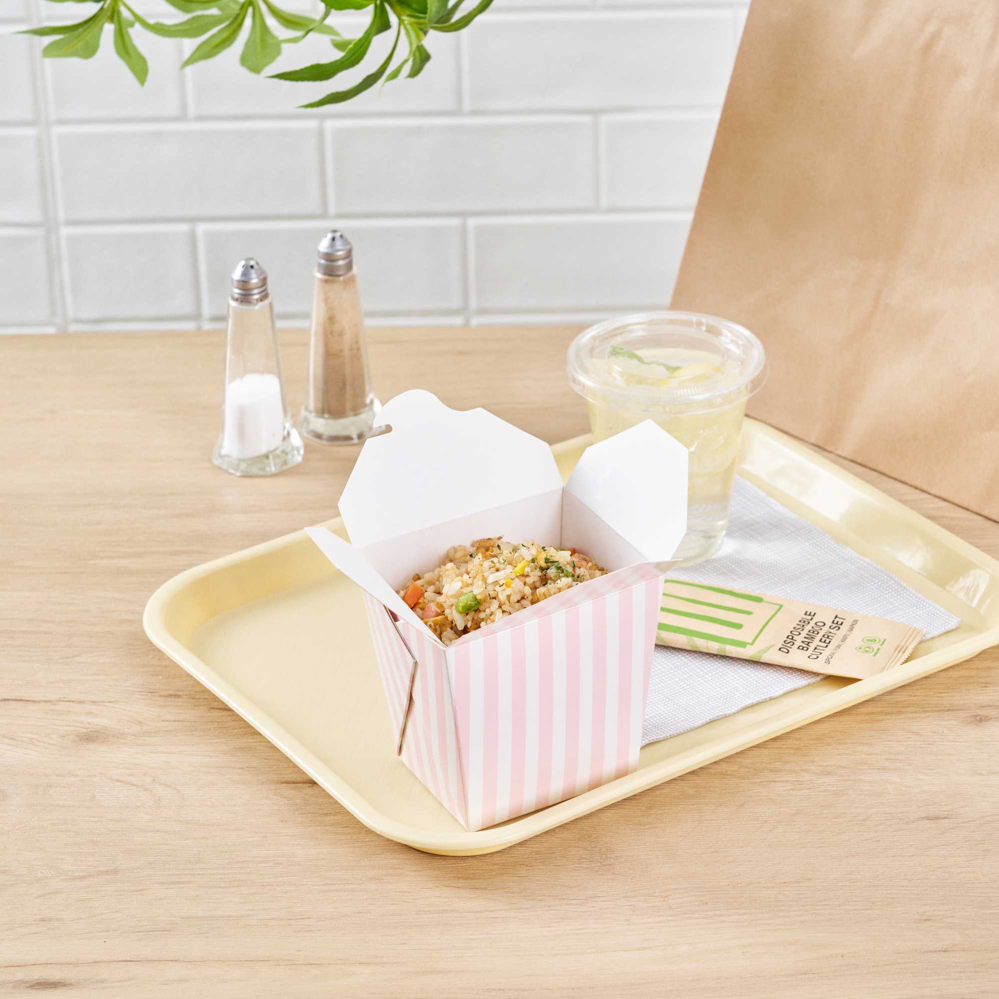 Bio Tek 26 oz Square Pink and White Stripe Paper Noodle Take Out Container - 4" x 3 1/2" x 4" - 200 count box