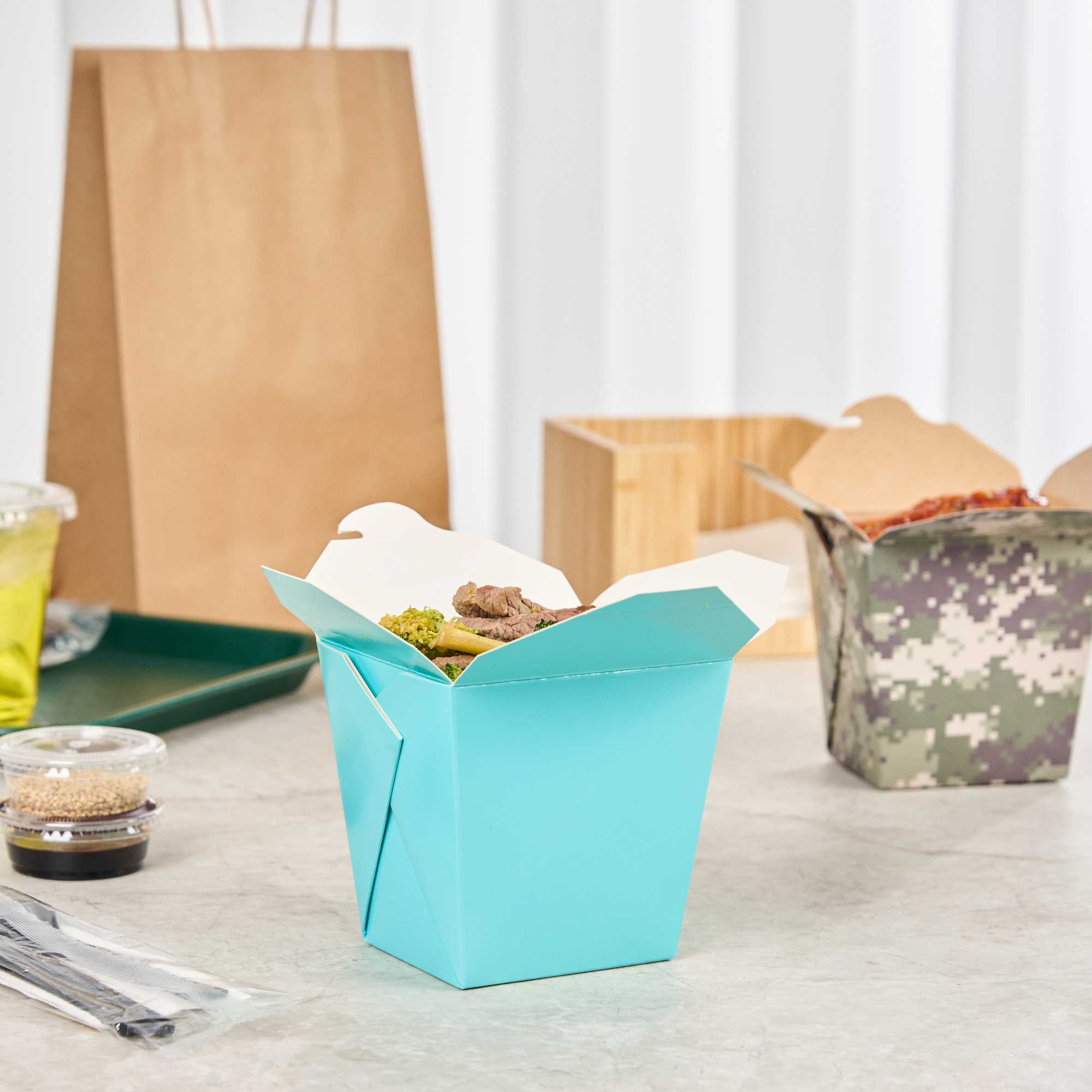 Bio Tek 26 oz Square Turquoise Paper Noodle Take Out Container - 4" x 3 1/2" x 4" - 50 count box