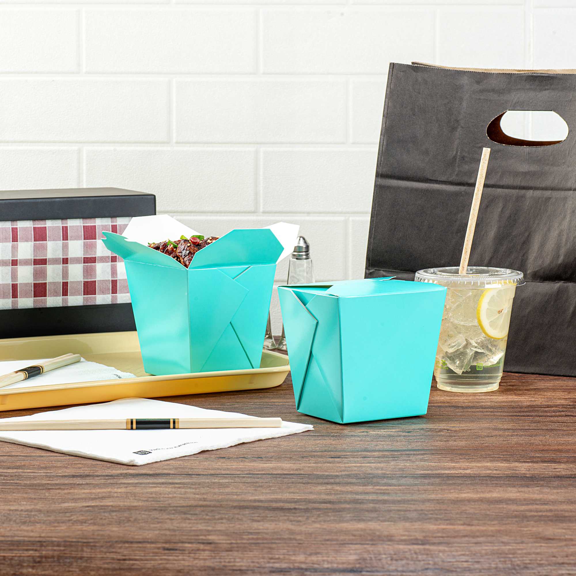 Bio Tek 26 oz Square Turquoise Paper Noodle Take Out Container - 4" x 3 1/2" x 4" - 50 count box