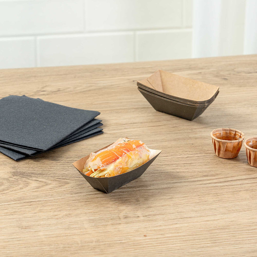 Bio Tek 2 oz Black Paper Food Tray / Boat - 3 1/4" x 2 1/4" x 1 1/4" - 50 count box