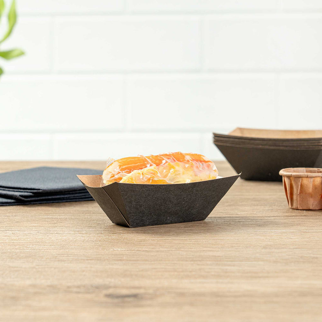 Bio Tek 2 oz Black Paper Food Tray / Boat - 3 1/4" x 2 1/4" x 1 1/4" - 50 count box
