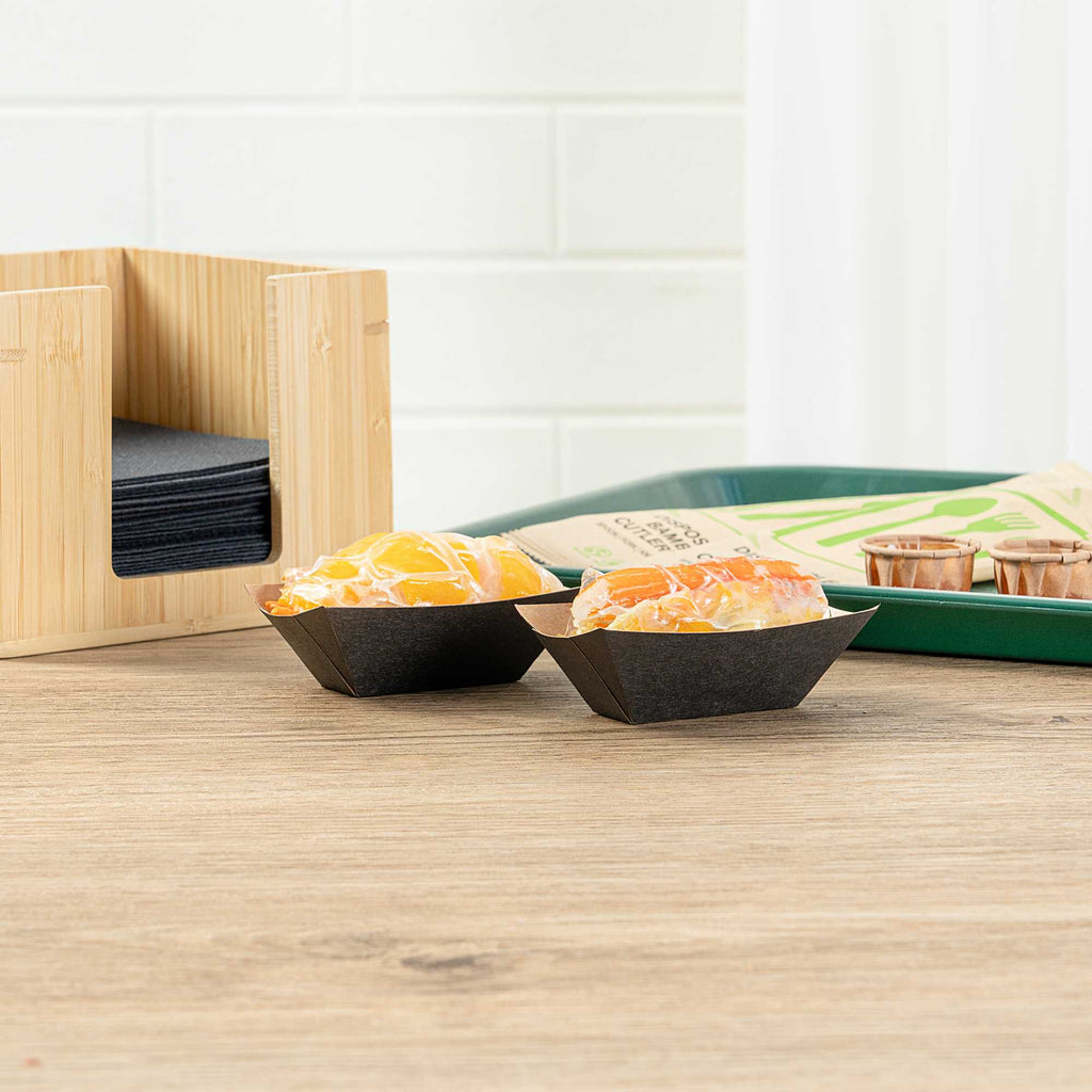 Bio Tek 2 oz Black Paper Food Tray / Boat - 3 1/4" x 2 1/4" x 1 1/4" - 50 count box