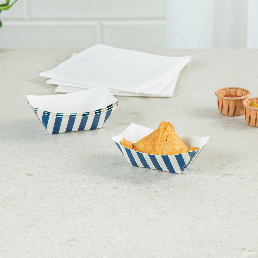 Bio Tek 2 oz Blue and White Stripe Paper Food Tray / Boat - 3 1/4" x 2 1/4" x 1 1/4" - 50 count box