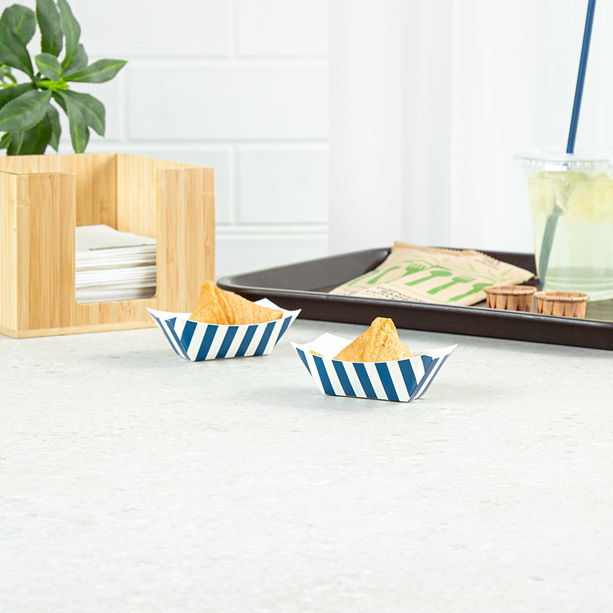 Bio Tek 2 oz Blue and White Stripe Paper Food Tray / Boat - 3 1/4" x 2 1/4" x 1 1/4" - 50 count box