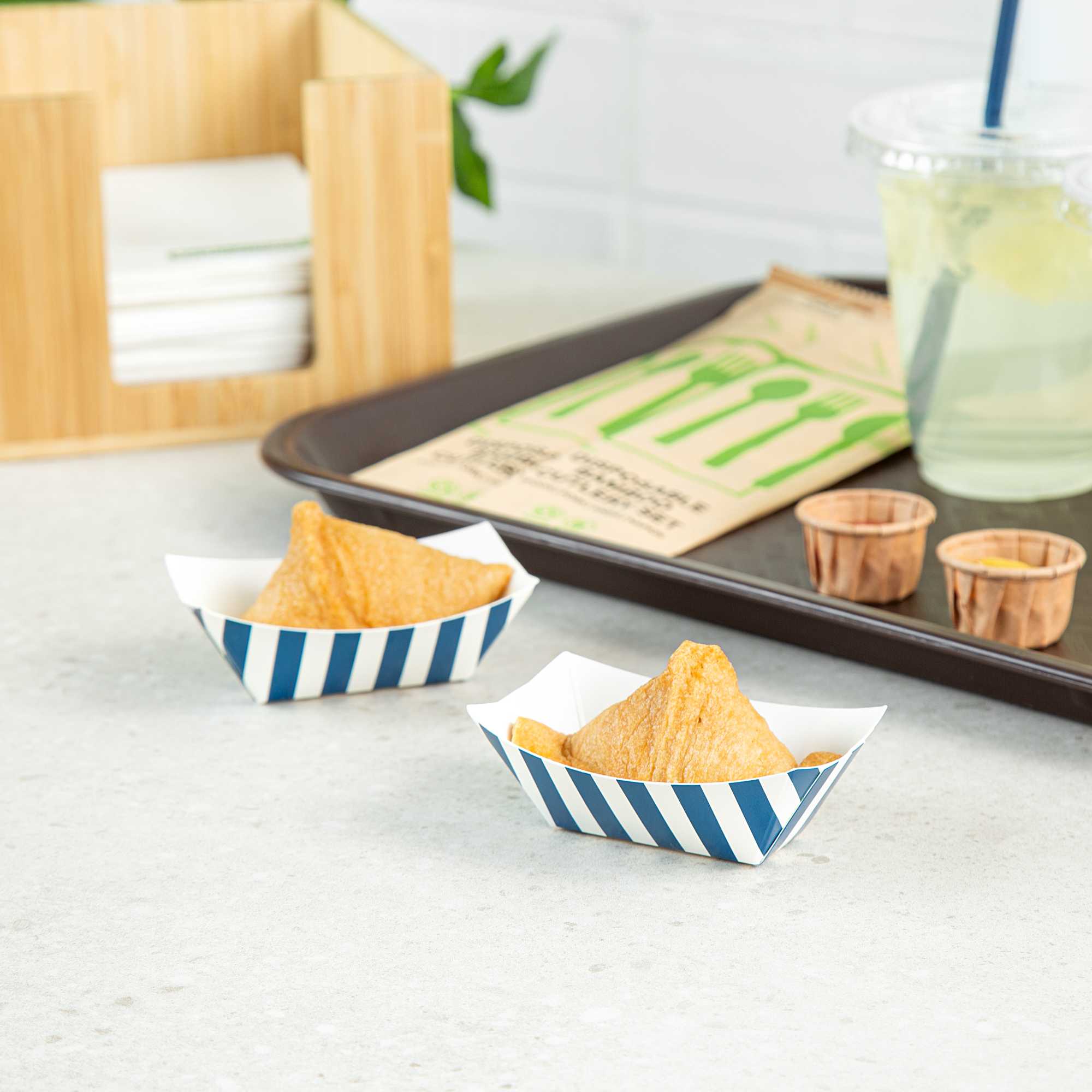 Bio Tek 2 oz Blue and White Stripe Paper Food Tray / Boat - 3 1/4" x 2 1/4" x 1 1/4" - 50 count box
