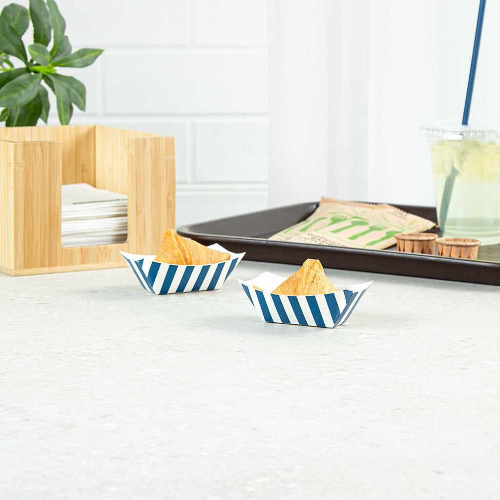 Bio Tek 2 oz Blue and White Stripe Paper Food Tray / Boat - 3 1/4" x 2 1/4" x 1 1/4" - 400 count box