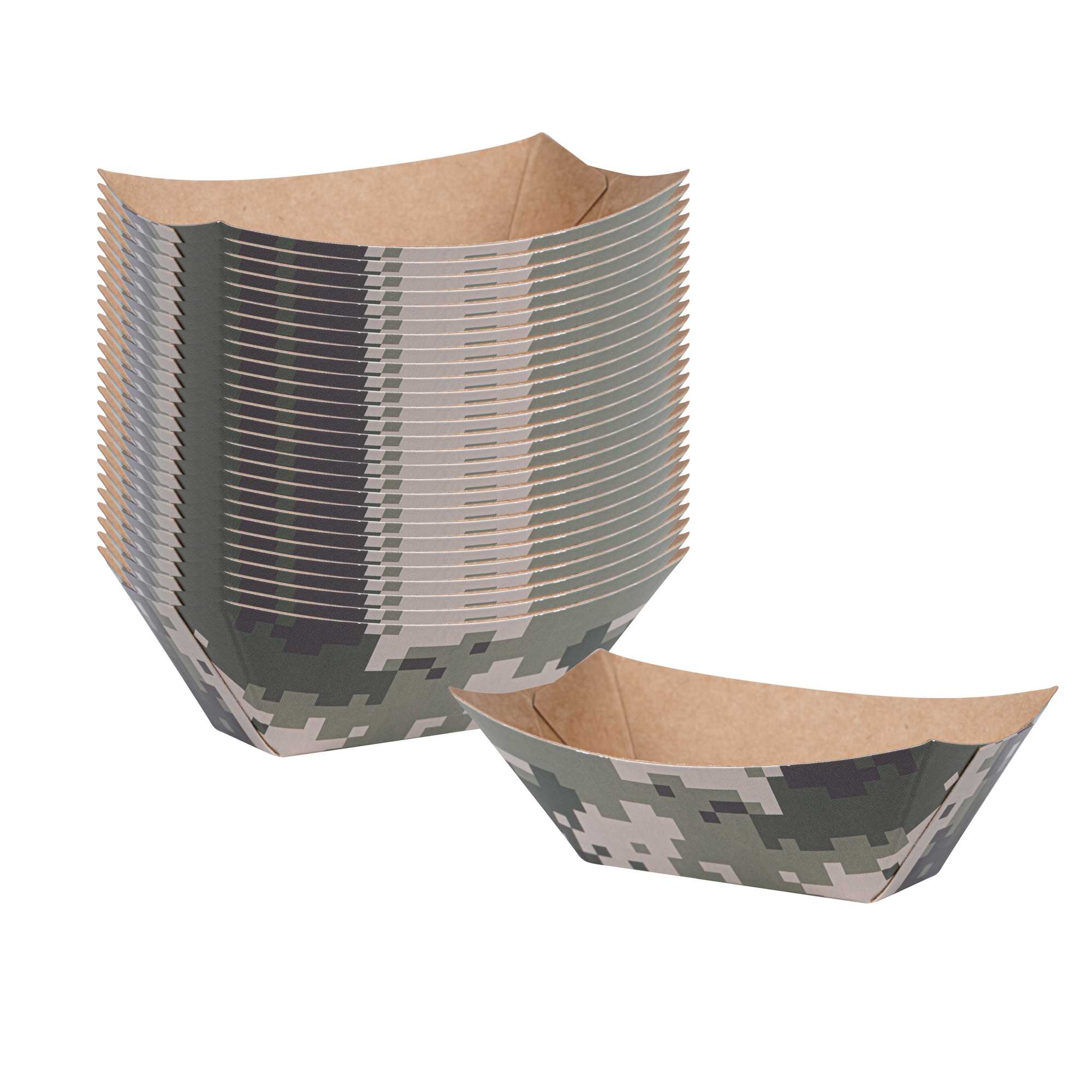 Bio Tek 2 oz Camouflage Paper Food Tray / Boat - 3 1/4" x 2 1/4" x 1 1/4" - 50 count box