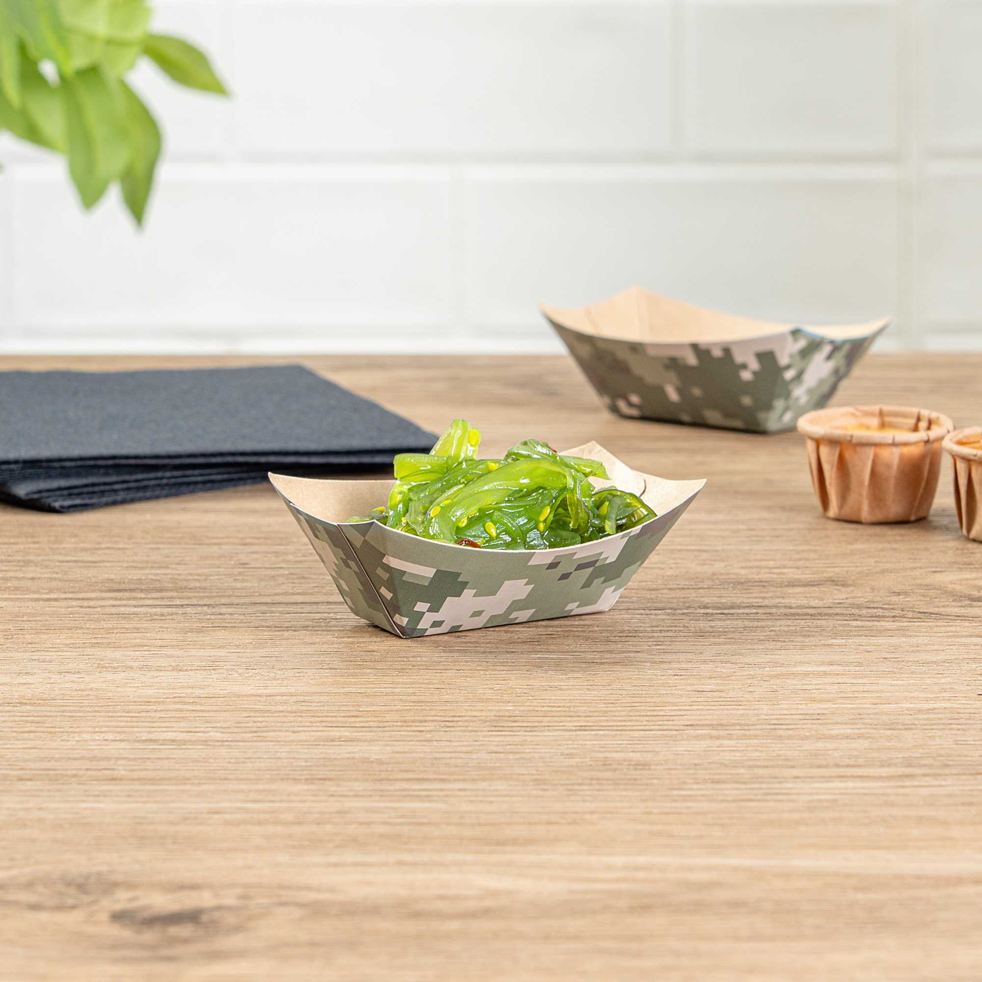 Bio Tek 2 oz Camouflage Paper Food Tray / Boat - 3 1/4" x 2 1/4" x 1 1/4" - 50 count box
