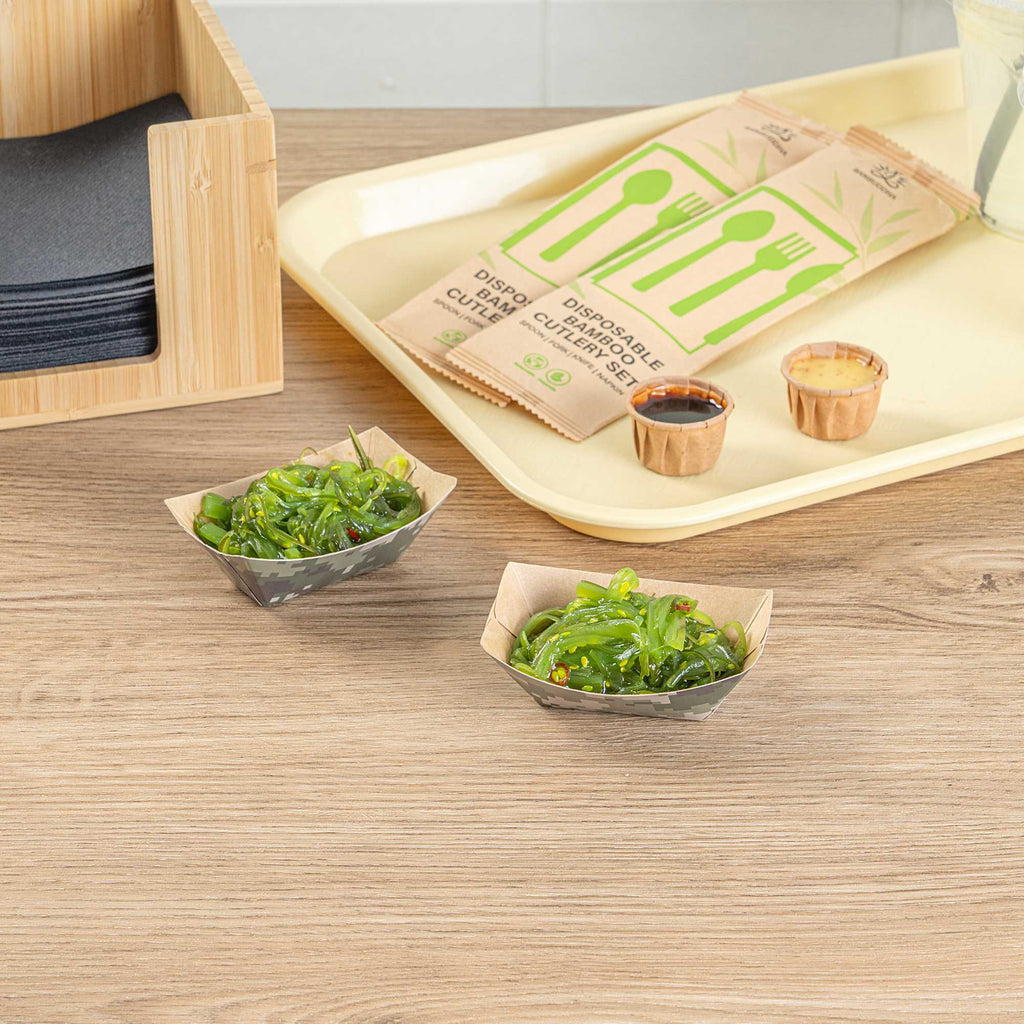 Bio Tek 2 oz Camouflage Paper Food Tray / Boat - 3 1/4" x 2 1/4" x 1 1/4" - 50 count box