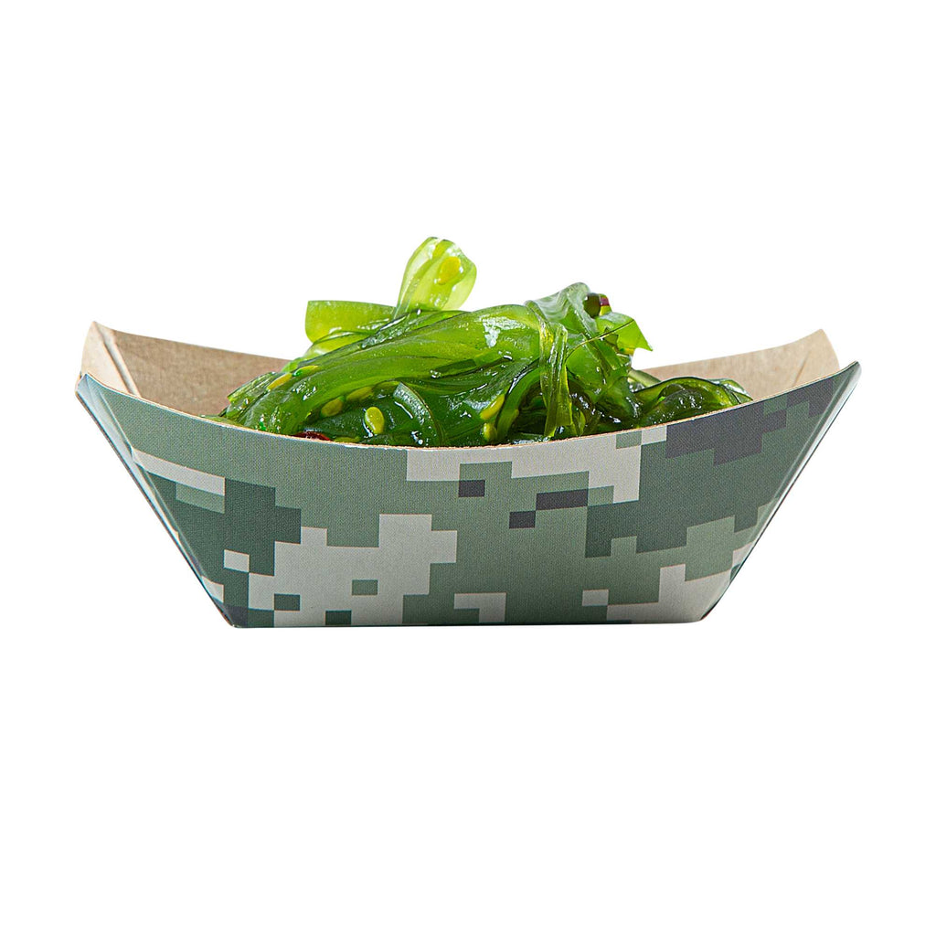 Bio Tek 2 oz Camouflage Paper Food Tray / Boat - 3 1/4" x 2 1/4" x 1 1/4" - 400 count box