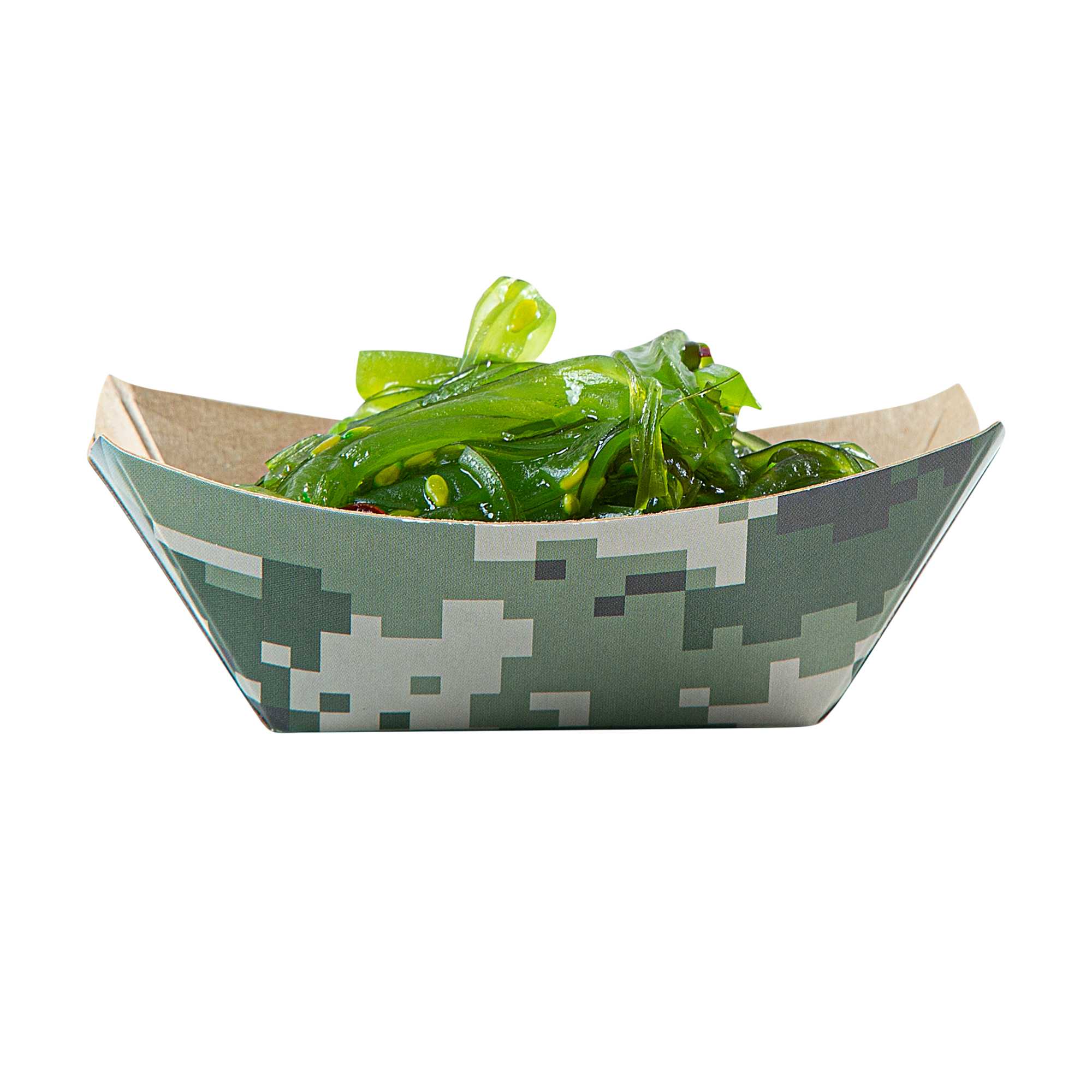 Bio Tek 2 oz Camouflage Paper Food Tray / Boat - 3 1/4" x 2 1/4" x 1 1/4" - 400 count box