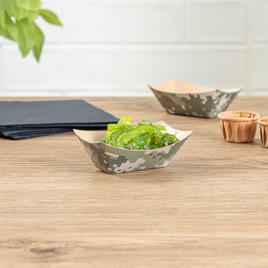 Bio Tek 2 oz Camouflage Paper Food Tray / Boat - 3 1/4" x 2 1/4" x 1 1/4" - 400 count box