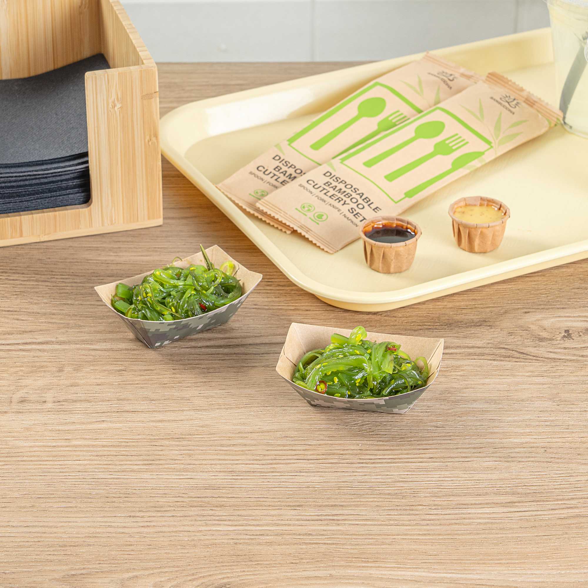Bio Tek 2 oz Camouflage Paper Food Tray / Boat - 3 1/4" x 2 1/4" x 1 1/4" - 400 count box
