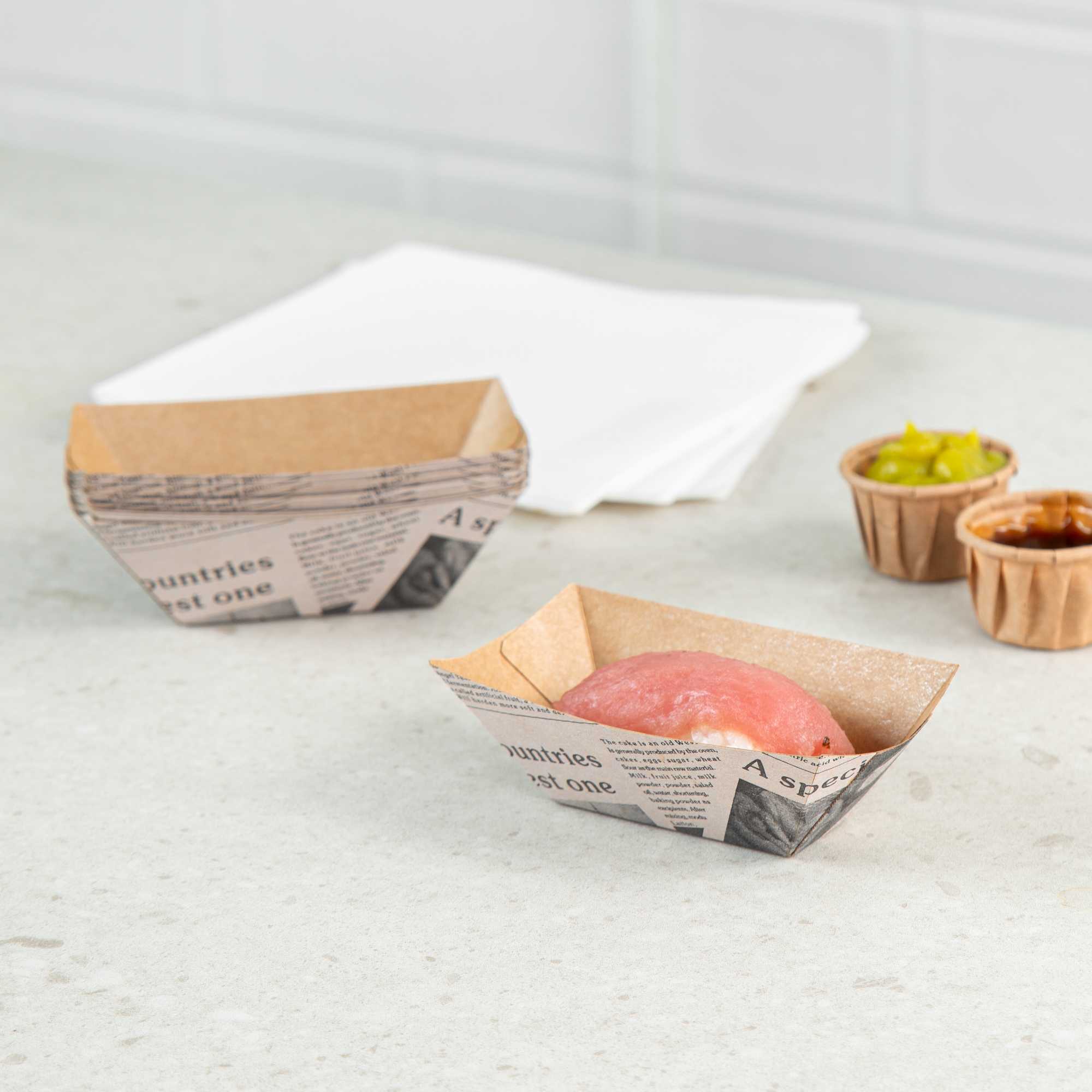 Bio Tek 2 oz Newsprint Paper Food Tray / Boat - 3 1/4" x 2 1/4" x 1 1/4" - 400 count box