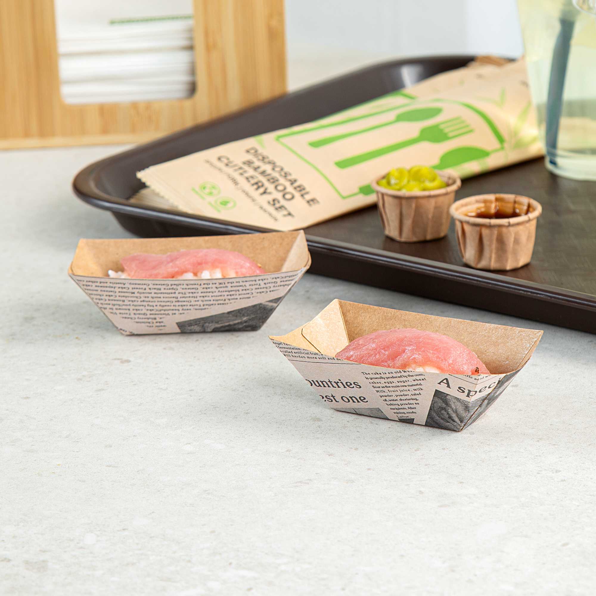 Bio Tek 2 oz Newsprint Paper Food Tray / Boat - 3 1/4" x 2 1/4" x 1 1/4" - 400 count box