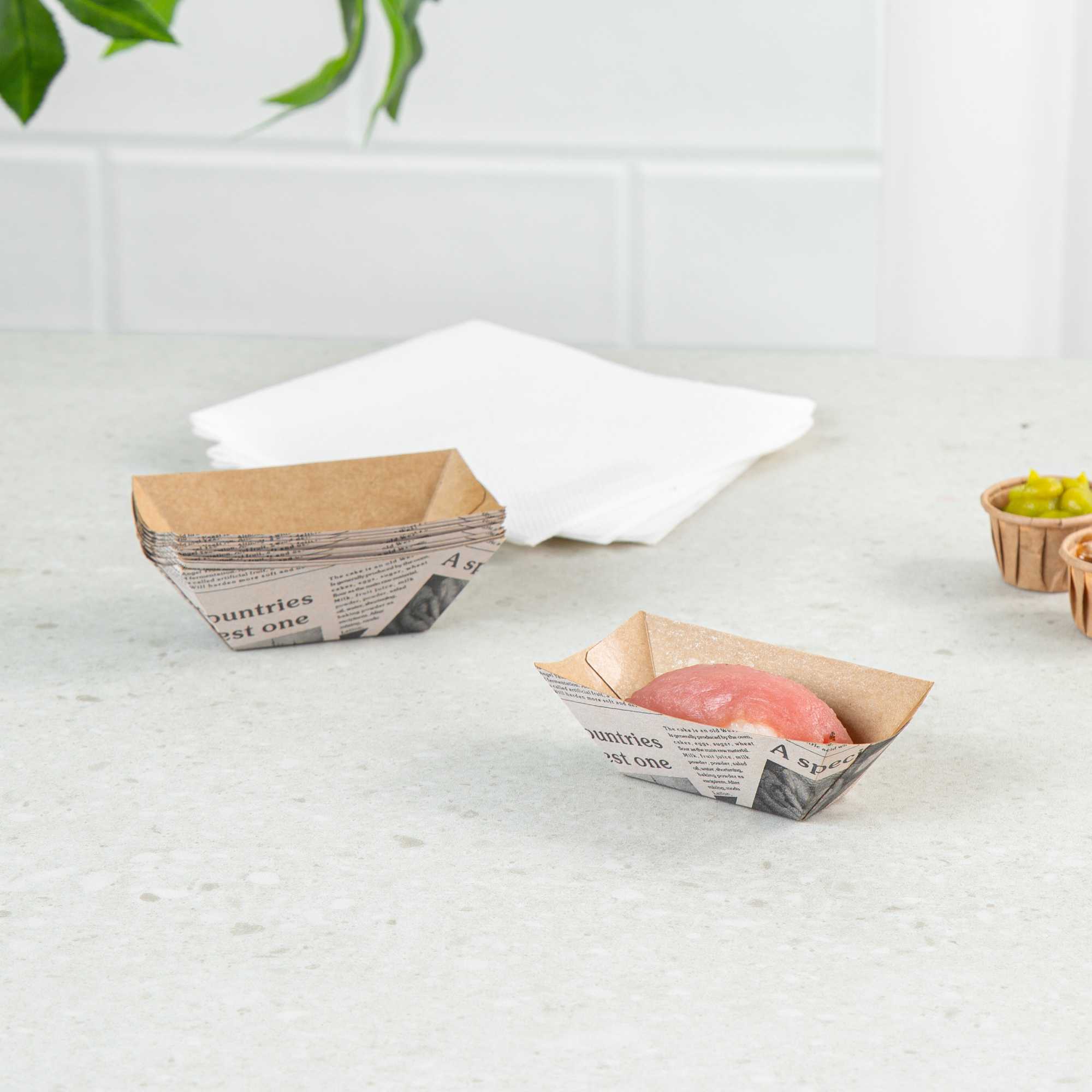 Bio Tek 2 oz Newsprint Paper Food Tray / Boat - 3 1/4" x 2 1/4" x 1 1/4" - 400 count box