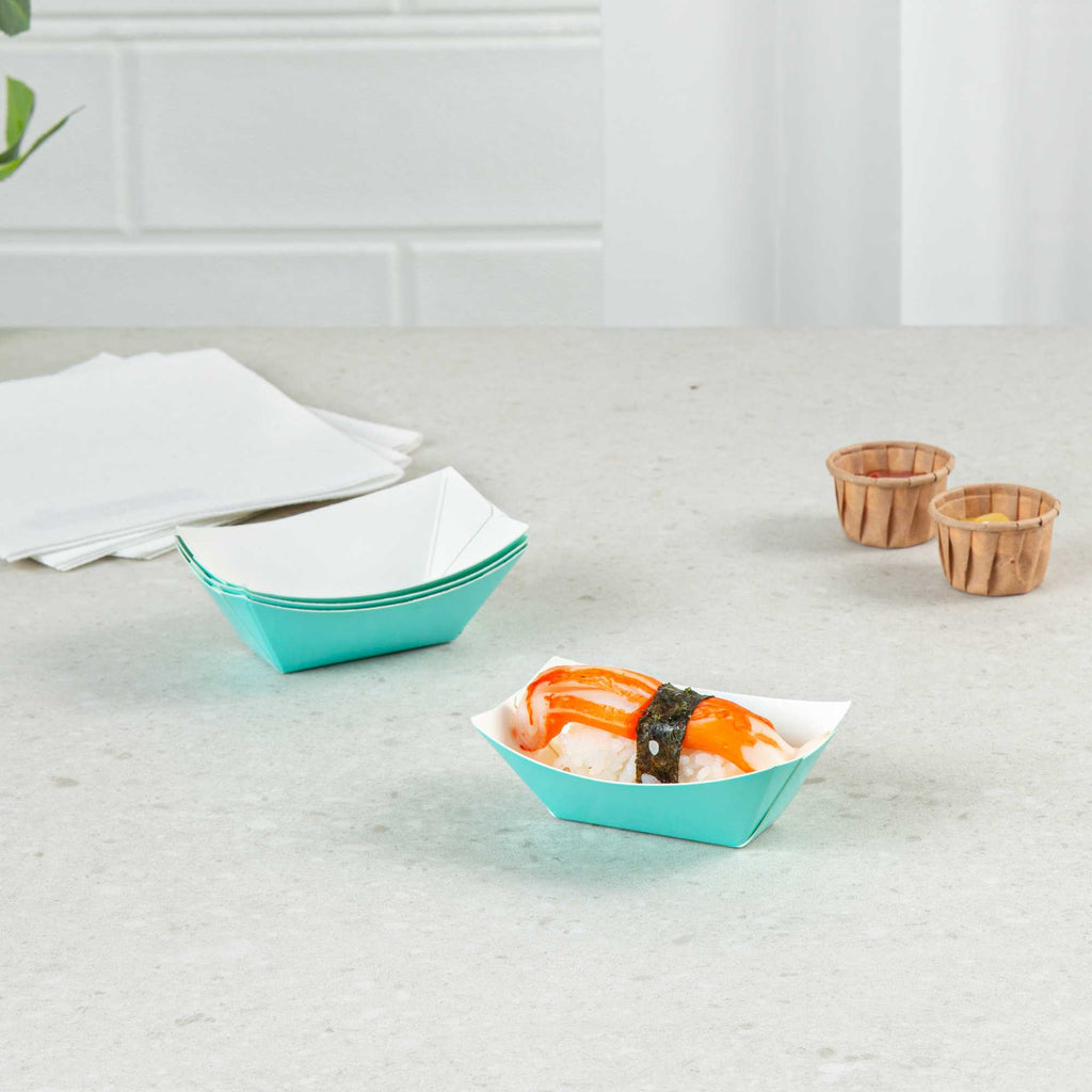 Bio Tek 2 oz Turquoise Paper Food Tray / Boat - 3 1/4" x 2 1/4" x 1 1/4" - 50 count box