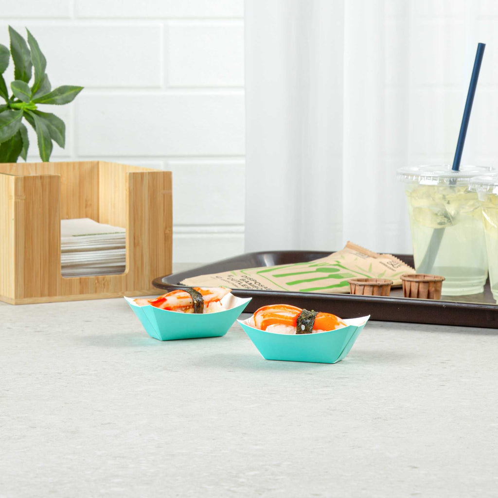 Bio Tek 2 oz Turquoise Paper Food Tray / Boat - 3 1/4" x 2 1/4" x 1 1/4" - 50 count box