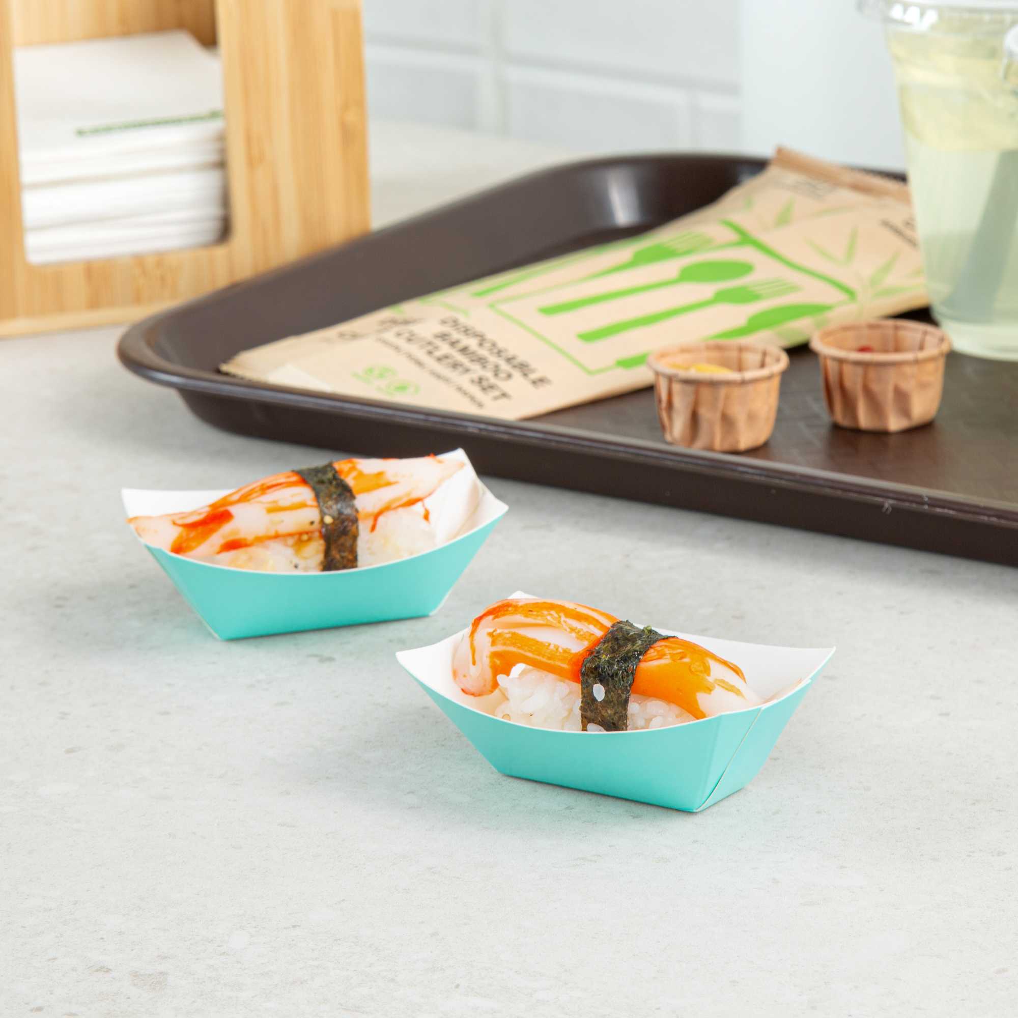 Bio Tek 2 oz Turquoise Paper Food Tray / Boat - 3 1/4" x 2 1/4" x 1 1/4" - 50 count box