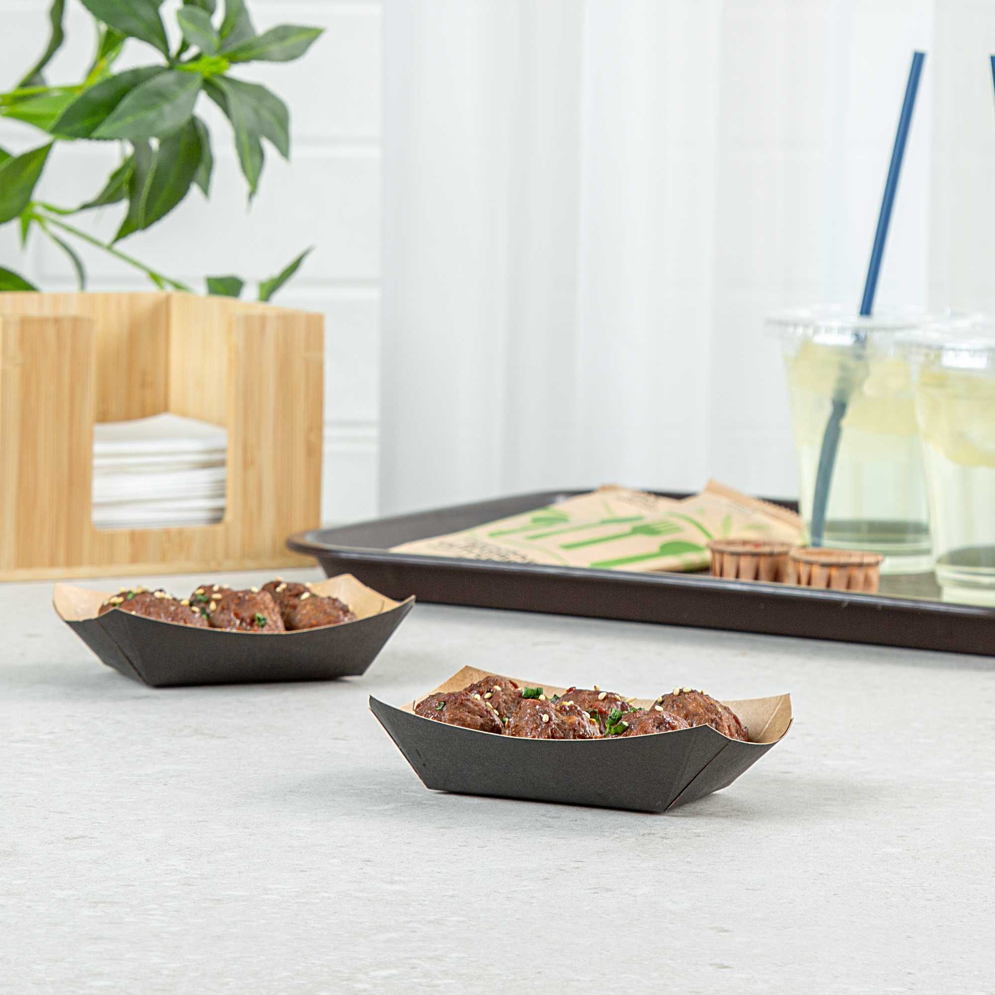 Bio Tek 4 oz Black Paper #25 Food Tray / Boat - 3" x 2" x 1" - 50 count box