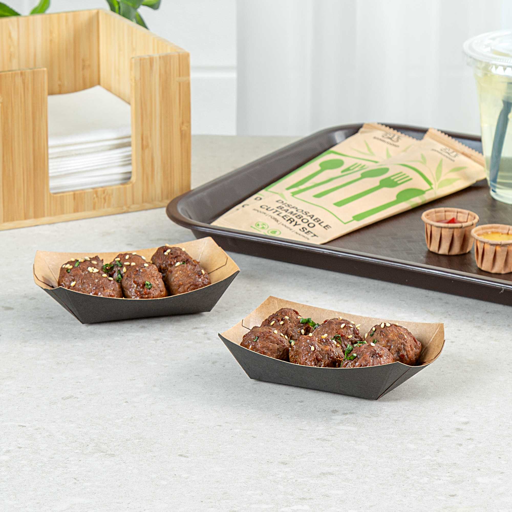 Bio Tek 4 oz Black Paper #25 Food Tray / Boat - 3" x 2" x 1" - 400 count box