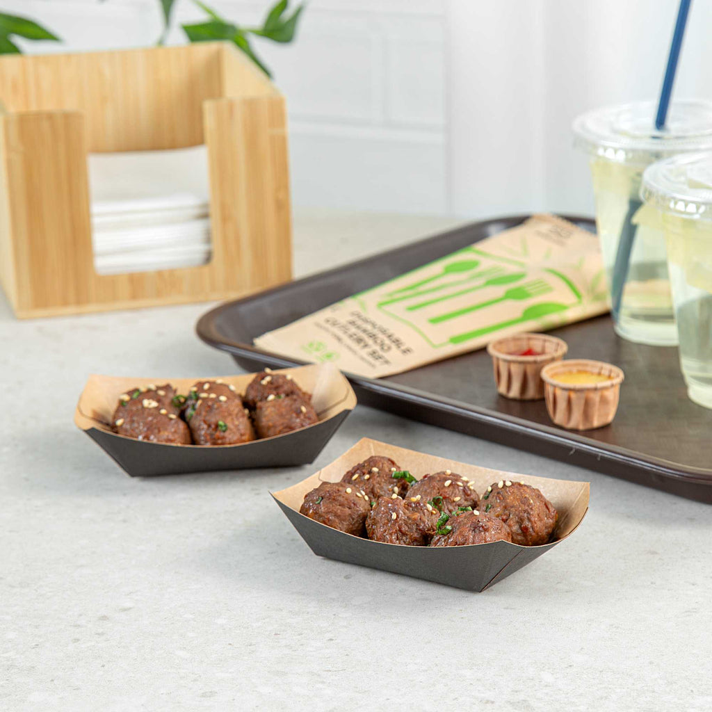Bio Tek 4 oz Black Paper #25 Food Tray / Boat - 3" x 2" x 1" - 400 count box