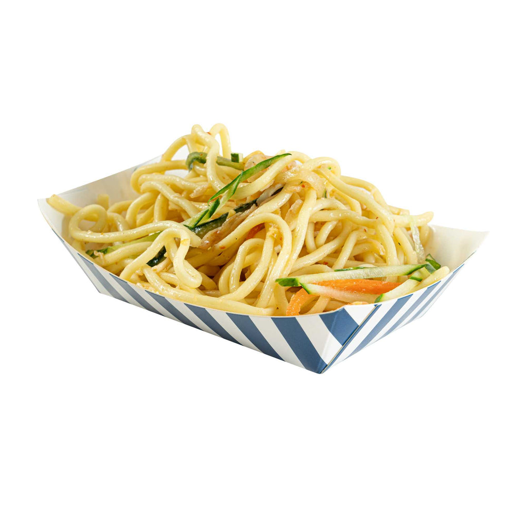 Bio Tek 4 oz Blue and White Stripe Paper #25 Food Tray / Boat - 3" x 2" x 1" - 400 count box